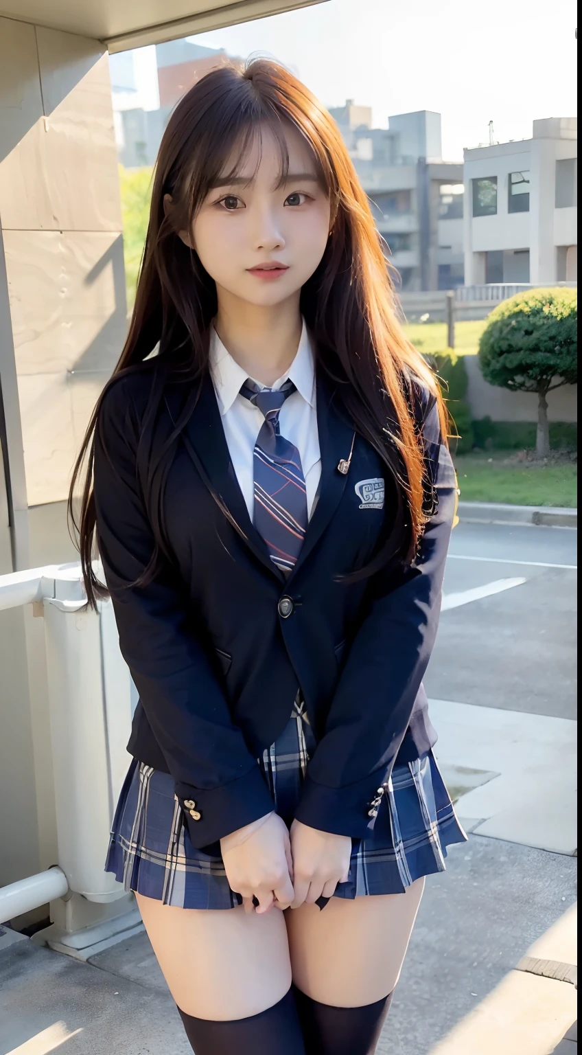 mix4, (16 K, Raw photography, Top image quality, masterpiece: 1.45), (realisitic, Photorealsitic: 1.37), one girls, cute little, A city scape,, profetional lighting, photon maping, school classrooms, physically-based renderingt, dark brown hair,pony tail hairstyle, Well-groomed and beautiful eyes、((二重まぶた))、Transcendent Cute Girl, (((student clothes、blazers、Long sleeve shirt worn by Japan high school girl、Ribbon Ties、Dark blue mini skirt,、Dark blue socks、Black loafers))), Top Quality Photos, hight resolution, 1080p, (clearface), (Detailed face description), (Detailed hand description), (masterpiece), (Exquisite CG)、extreme light and shadows、dishevled hair、master work、abundant detail、(Fine facial features)、(top quality photo)、(masuter piece)、(A detailed eye)、Look in front of you、Fine clavicle、((Slender big))、(((Japan schoolgirls wear jackets and long-sleeved shirts)))、((Neat and clean idol))、((School Gate、school ground、School building in the background))、(Shooting from random perspectives)、(((Anyway cute)))、耳Nipple Ring、A big smile、Drawing the whole body from the knees、Do not draw nasolabial folds、(((Sports bags used by Japan schoolgirls)))、(Big breasts that hang down big:1.2)、Big buttocks with tension、Two arms and two legs、(((from the front side:0.7)))、bare hand、(((Left and right symmetrical eyes)))、Standing Pose、Put your hands on your desk、Do not take the tie out of the jacket、Raise your buttocks:1.5,barebacked:1.5,
