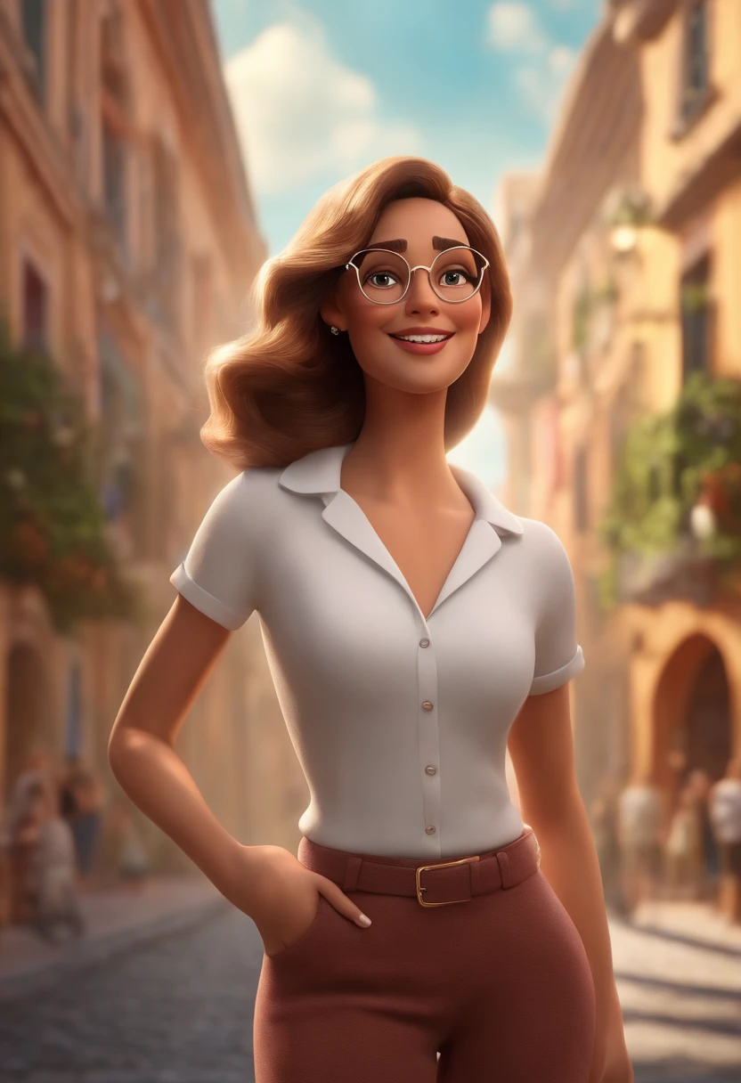 "(best quality,ultra-detalhado,Realistic:1.37),3D rendering,illustration,design de personagens,cabelos curtos e cacheados escuros,belos olhos detalhados,wearing white glasses,Estilo Pixar,morena mulher,Dancing on the Disney stage,atmosfera animada,vivid colors,luzes de palco,expression joyful"
