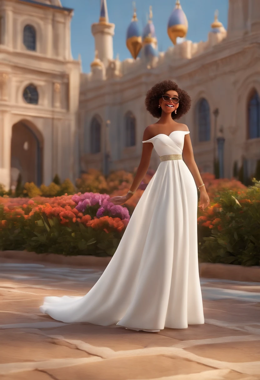 "(best quality,ultra-detalhado,Realistic:1.37),3D rendering,illustration,design de personagens,cabelos curtos e cacheados escuros,belos olhos detalhados,wearing white glasses,Estilo Pixar,morena mulher,Dancing on the Disney stage,atmosfera animada,vivid colors,luzes de palco,expression joyful"