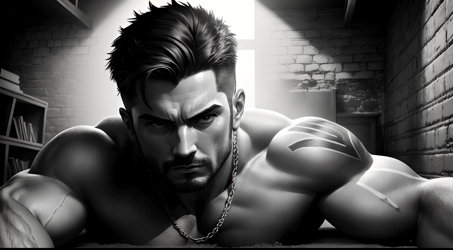 (best quality, 4k, 8k, highres, masterpiece:1.2), ultra-detailed, (realistic, photorealistic, photo-realistic:1.37), HDR, stark lighting, pen and ink,erotic art, criminals behind bars, tough guy, dark atmosphere, prison cell, exposed brick walls, handcuffs and shackles, forbidden desires, seductive eyes, detailed tattoos, bared chest, provocative poses, muscular physiquev,intense gaze,intimate composition, black and white contrasts, subtle shading, expressive lines, dramatic shadows, high contrast, emotive expressions, artistic sensuality, mysterious narrative, vivid emotions.