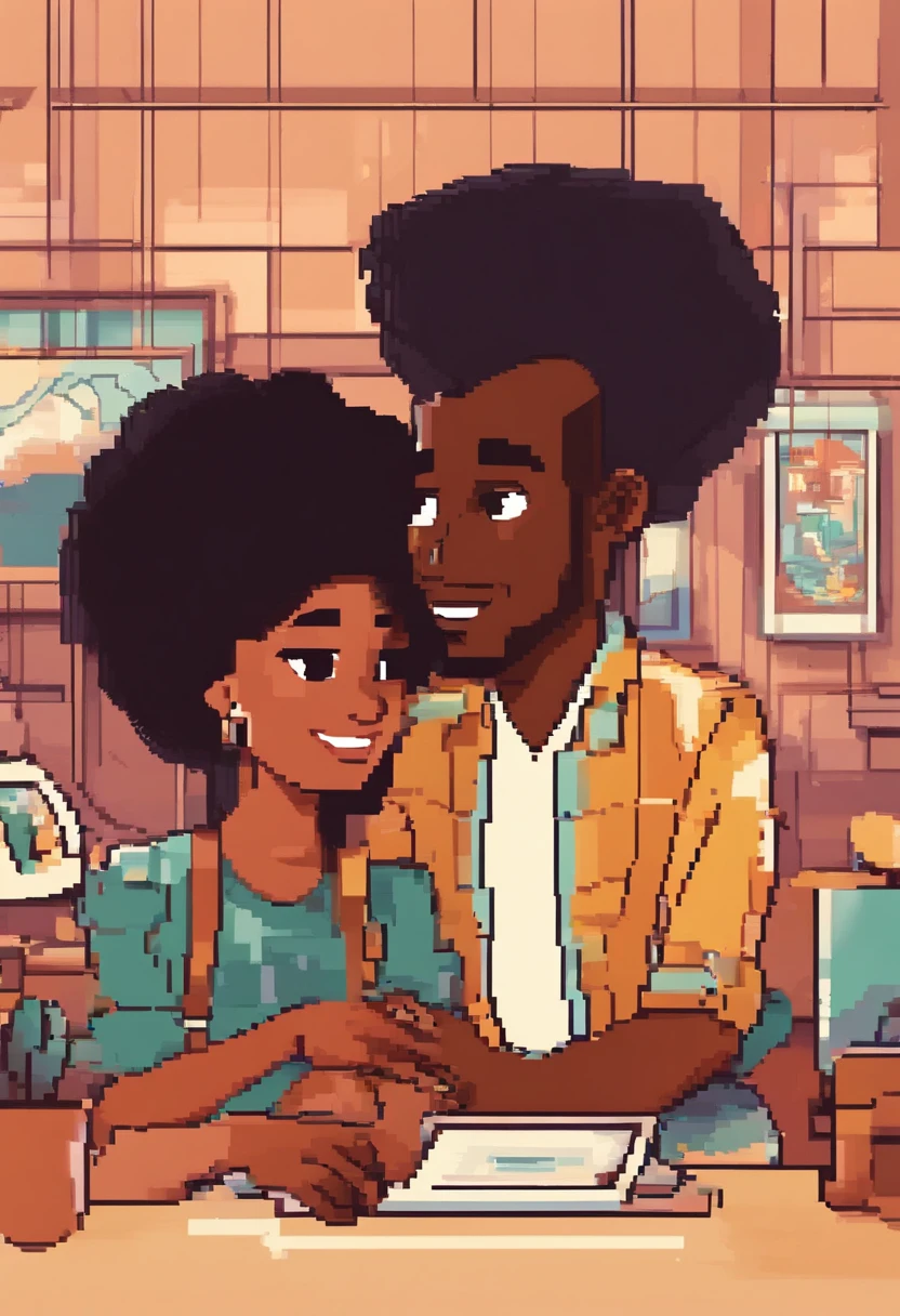 An illustration of an adorable couple, Highlighting a black man and a black woman with beautiful expressive eyes - the man's skin is black and bald, while the woman's skin is black and the woman's hair is curly and brown. They are a bright room, cada um com um sorriso no rosto, e compartilhar um momento especial caracterizado pelo amor, Insights. Illustrate this scene from a perspective where they are facing the camera, Smiling and Showing Your Connection. Desenvolva esta arte em Full HD, Focus on your cinematic touch, Estilo Disney Pixar Animations