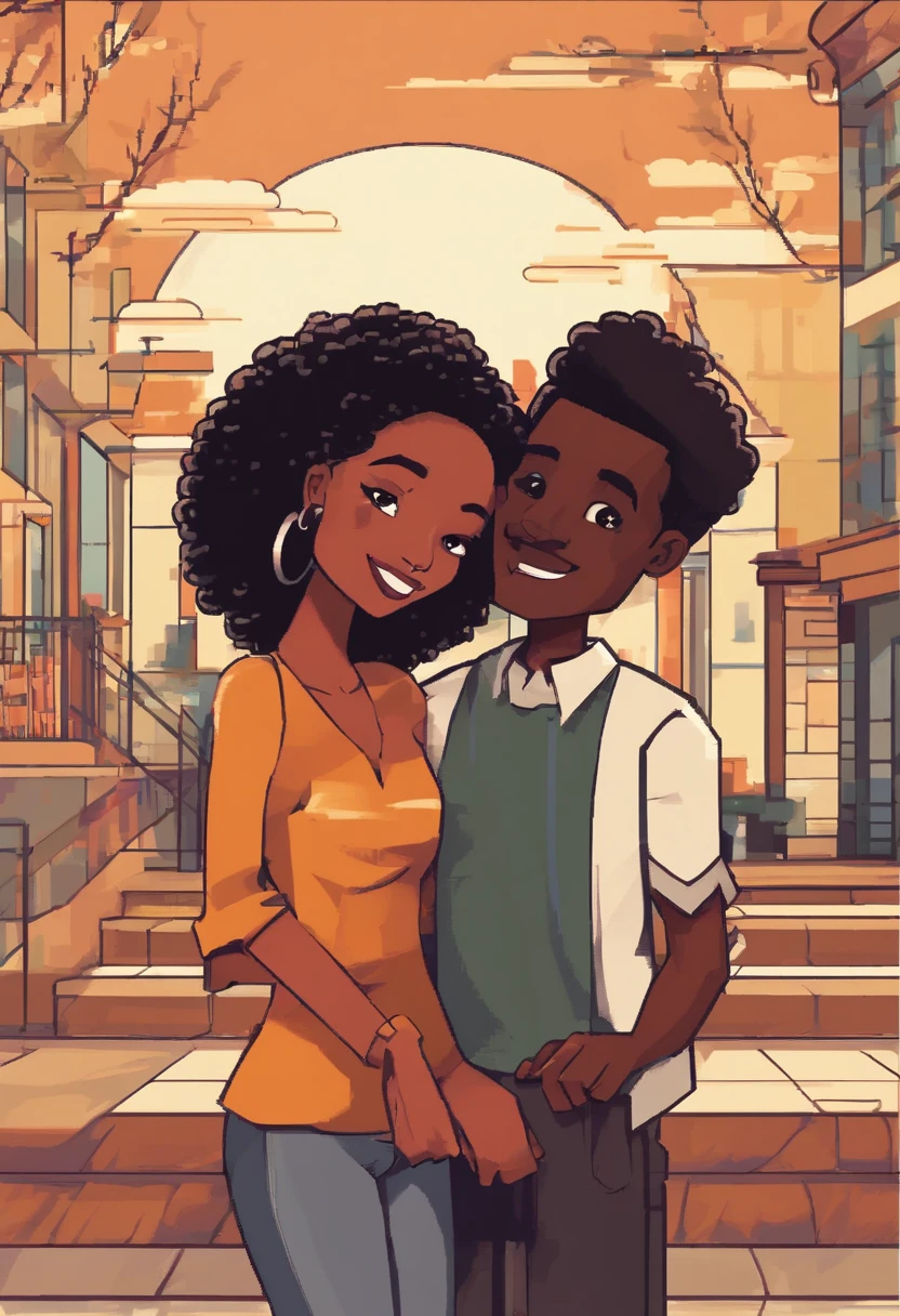 An illustration of an adorable couple, Highlighting a black man and a black woman with beautiful expressive eyes - the man's skin is black and bald, while the woman's skin is black and the woman's hair is curly and brown. They are a bright room, cada um com um sorriso no rosto, e compartilhar um momento especial caracterizado pelo amor, Insights. Illustrate this scene from a perspective where they are facing the camera, Smiling and Showing Your Connection. Desenvolva esta arte em Full HD, Focus on your cinematic touch, Estilo Disney Pixar Animations