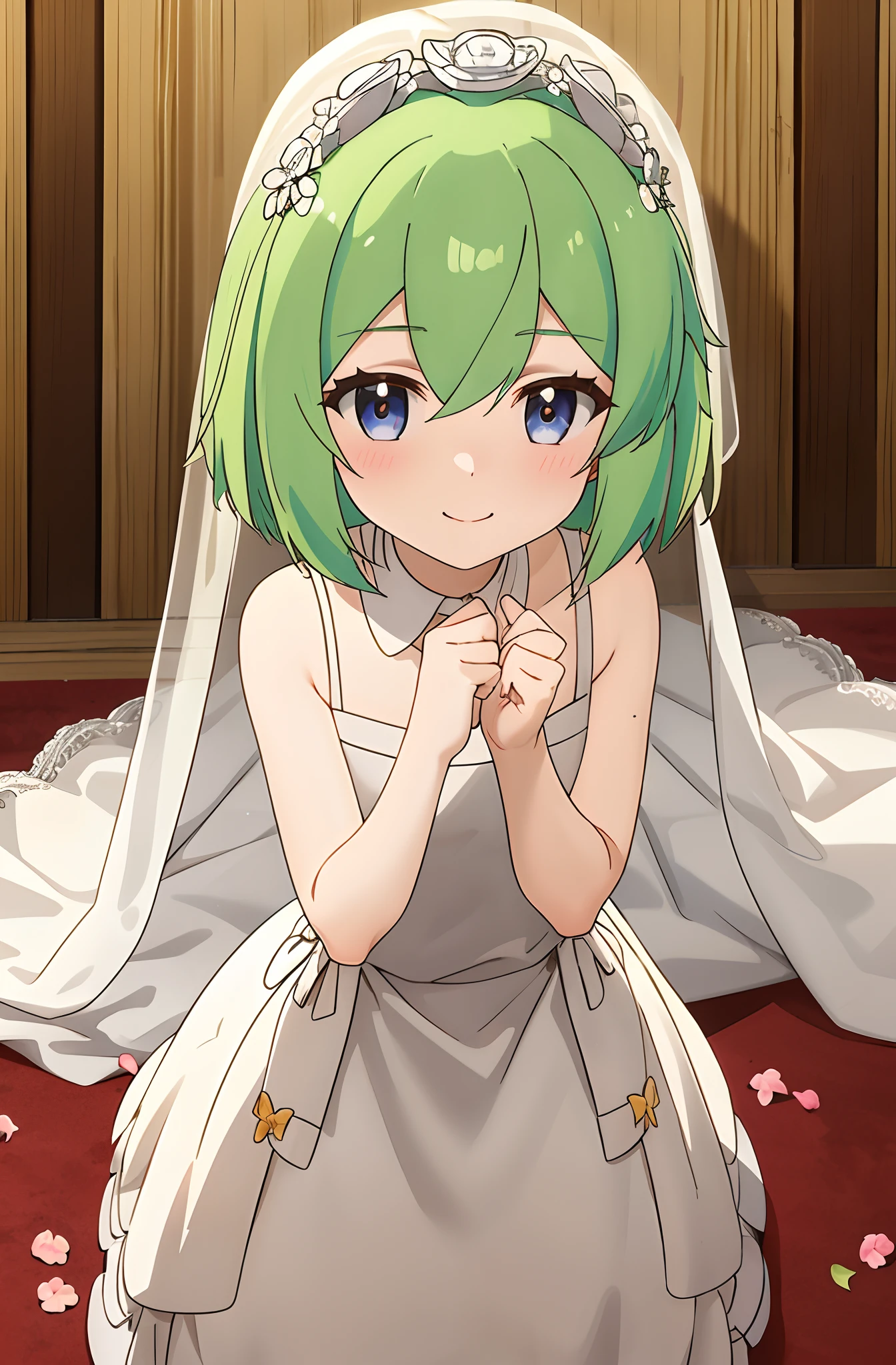 NSFW,((1man with 1woman,Having sex)), Cowgirl,Riding on top of a naked man,vaginal,SEX,bared  chest, Cecilia,Green hair,verd s eyes, D, Bangs, blush, Dress, jewely, up looking_で_viewer, Necklace,  Smile, The upper part of the body_Body, veils
