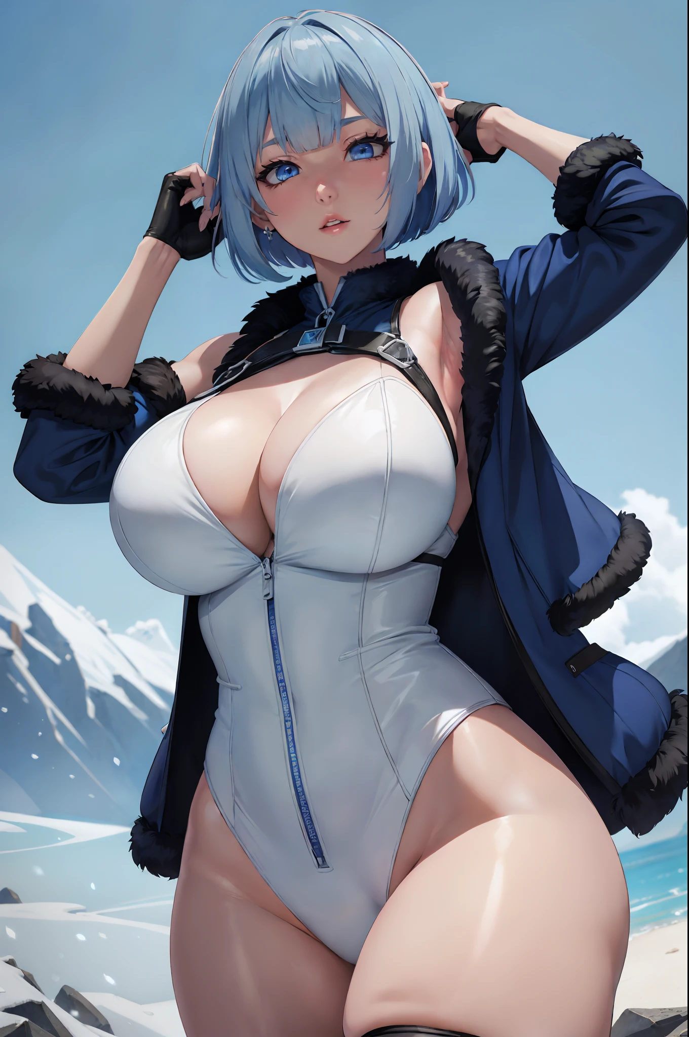 asaikeu genshin_impact yelan_(genshin_impact) absurdres commentary highres 1girl armpits arms_up bare_shoulders blue_eyes blue_hair bob_cut braid breasts cleavage fur-trimmed_jacket fur_trim jacket large_breasts looking_at_viewer parted_lips short_hair sleeveless solo upper_body white_jacket