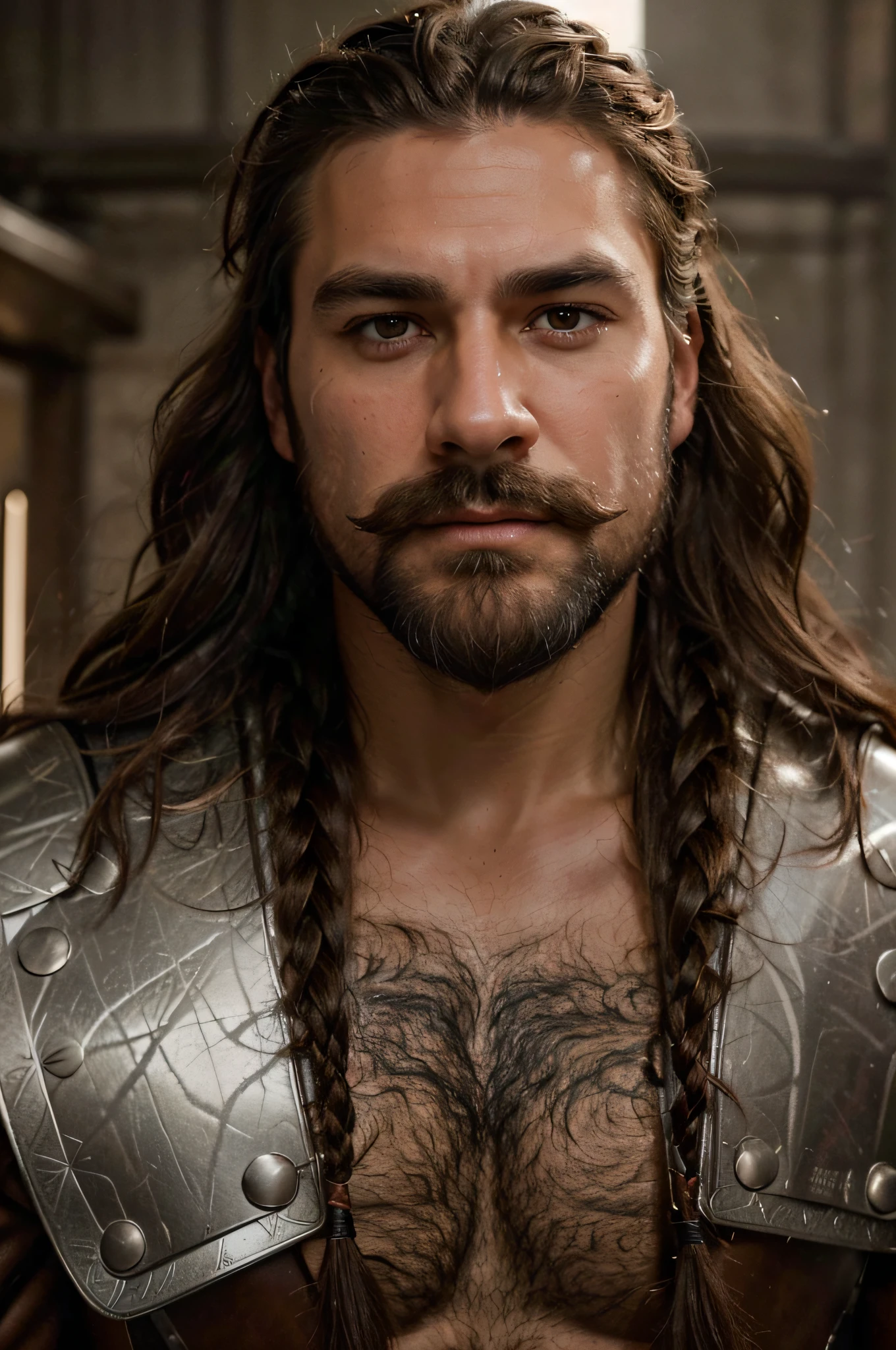 Cinematic style lighting (Best quality, 8K, Master Piece) muscular man, brown eyes, thick eyebrows, full beard on the chin, thin mustache, light brunette, straight and messy brown hair reaching the shoulder and messy, a thin braid near the ear, egocentric and vain. (long coat over beaten leather armor), Womanizer, is usually rejected by almost all women,