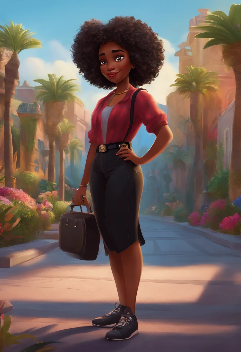 personagem da disney pixar, Curly-haired black girl in black clothes holding a camera