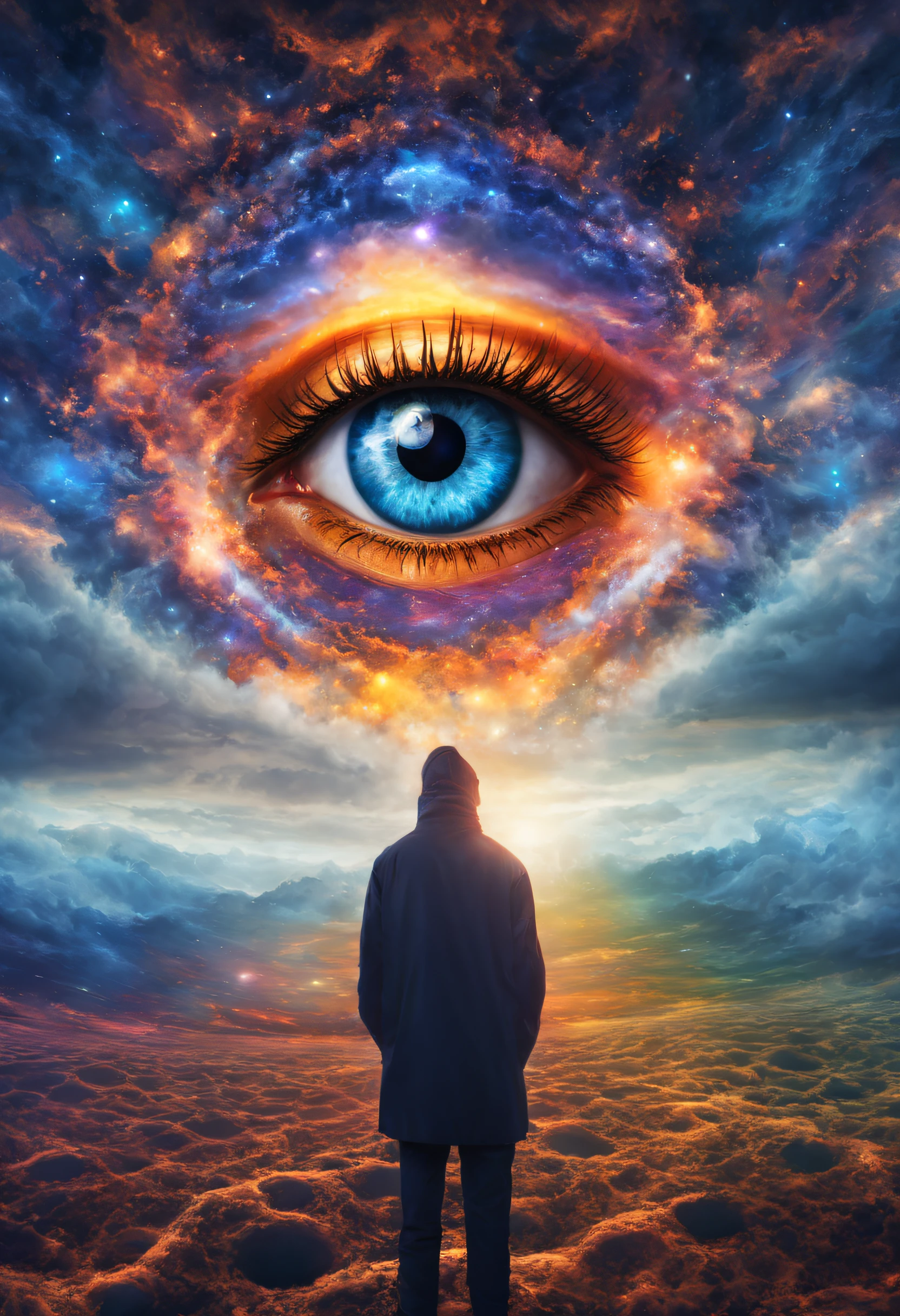 (Solo) Incredibly spectacular clouds,A huge eye,Portrait of a mystical giant eye, the eye of the universe, The Eye of God, mystic eye, eyelash,eyeballs,collofull eyes,Emergency scene in a cosmic cloud, Fractal Nebula Chain, cosmic, Celestial, cosmic, A vibrant and vivid entity, whirly, Spinning, unreal, High contrast, Symbolism, magical, mistic, mistic, Hyper-realistic, Supersaturation, Colorful, 8K