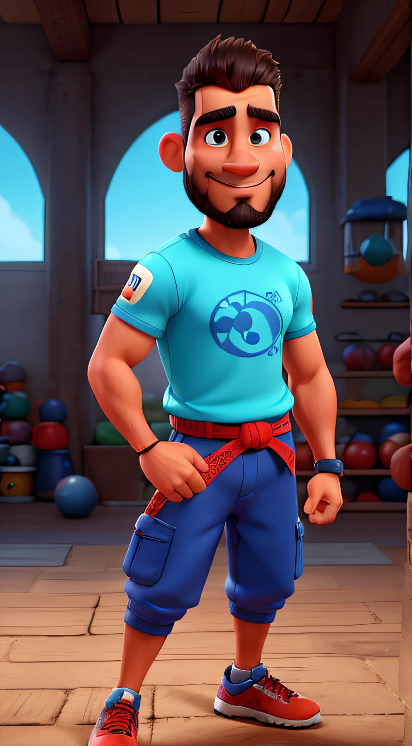 Personagem masculino animado, sorriso amplo, barba cheia, cabelo preto, magro, alto
Camisa esportiva azul quase preto, with a Muay Thai Warrior on his chest
Boxing Training Accessory, prancha de foco em forma de cinto azul escuro
Ambiente interno, Semi-lit gym
Cheerful atmosphere, Confident Pose
Protective equipment, Rugged appearance
Vibrant colors, Soft lighting
Pixar Style, Caricatured character with exaggerated proportions