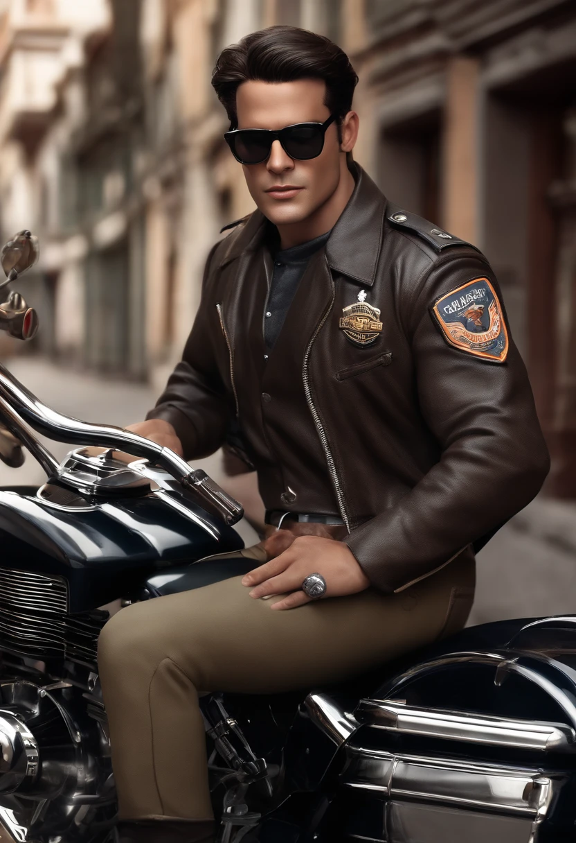 a 3D Disney Pixar style poster of a brunette man with glasses, camisa Com imagem de caveira, jaqueta preta em couro, Black pants and military co-op on the foot,  pilotando uma Harley Davison 883, em um passeio de motocicleta. Perto de um show de roque.