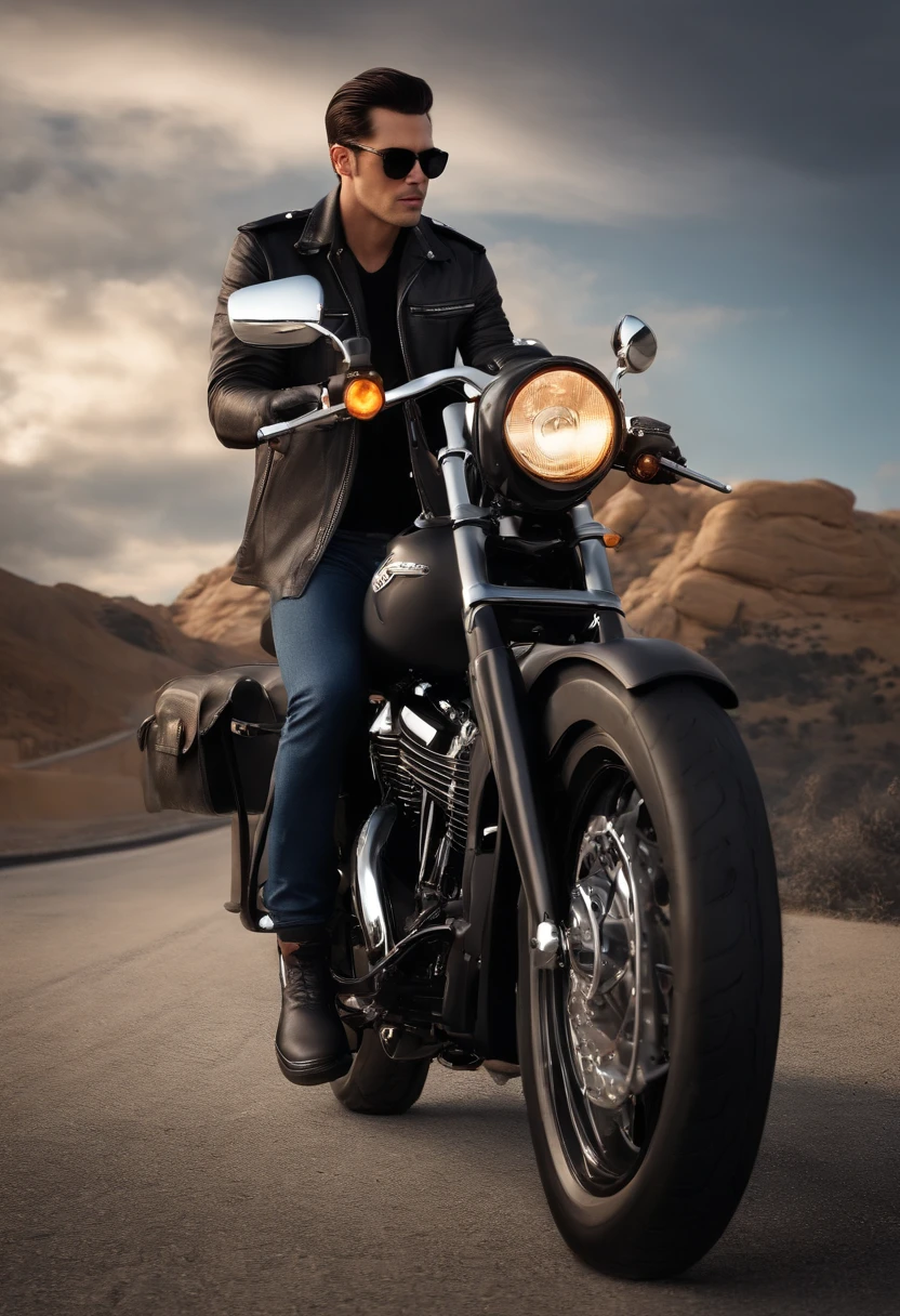 a 3D Disney Pixar style poster of a brunette man with glasses, camisa Com imagem de caveira, jaqueta preta em couro, Black pants and military co-op on the foot,  pilotando uma Harley Davison 883, em um passeio de motocicleta. Perto de um show de roque.