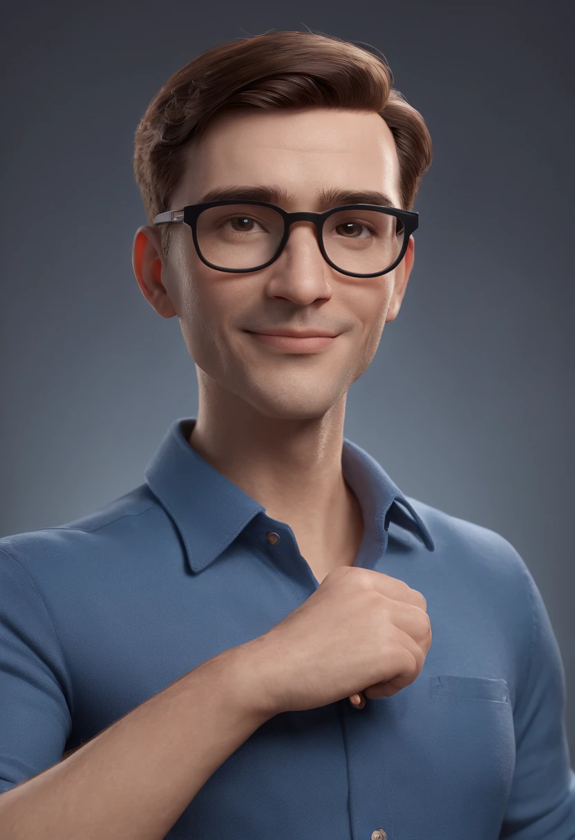 Cartoon character of a man wearing black glasses and a blue shirt, um personagem animado, Caractere estilizado, animation style rendering, 3D estilizado, Arnold Maya render, 3 d render stylized, toon render keyshot, Personagem 3D, Personagem 3D, 3d rendering stylized, 3 d character render, personagem de desenho animado, Personagem de close up, Pose de personagem, (Estilo Pixar) (master part:1.2) (Bokeh) (best quality) (pele detalhada) (textura detalhada) (8k) (argila) (Cinematic lighting) (foco nítido,Senta e vaza a parte superior do corpo