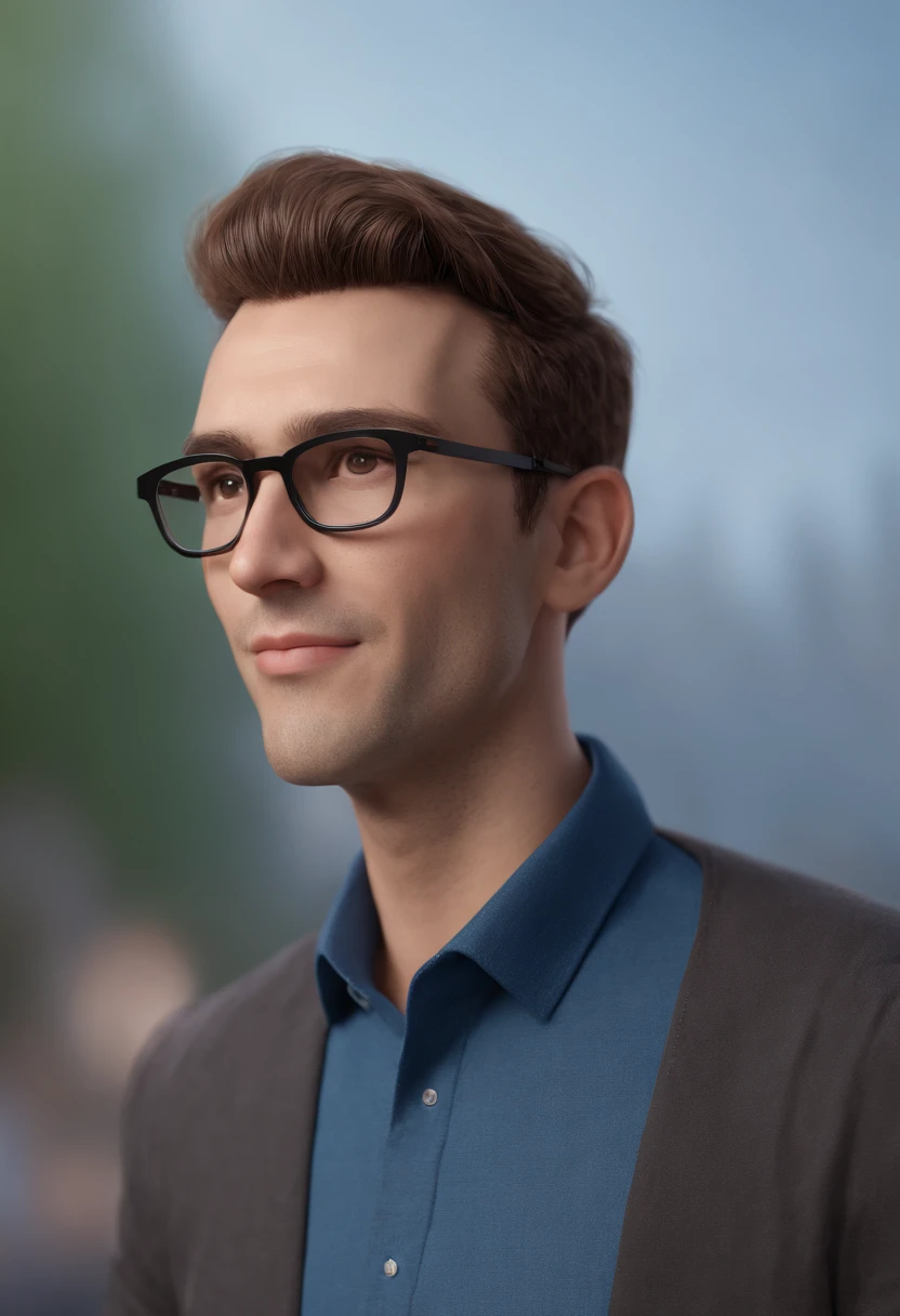 Cartoon character of a man wearing black glasses and a blue shirt, um personagem animado, Caractere estilizado, animation style rendering, 3D estilizado, Arnold Maya render, 3 d render stylized, toon render keyshot, Personagem 3D, Personagem 3D, 3d rendering stylized, 3 d character render, personagem de desenho animado, Personagem de close up, Pose de personagem, (Estilo Pixar) (master part:1.2) (Bokeh) (best quality) (pele detalhada) (textura detalhada) (8k) (argila) (Cinematic lighting) (foco nítido,Senta e vaza a parte superior do corpo