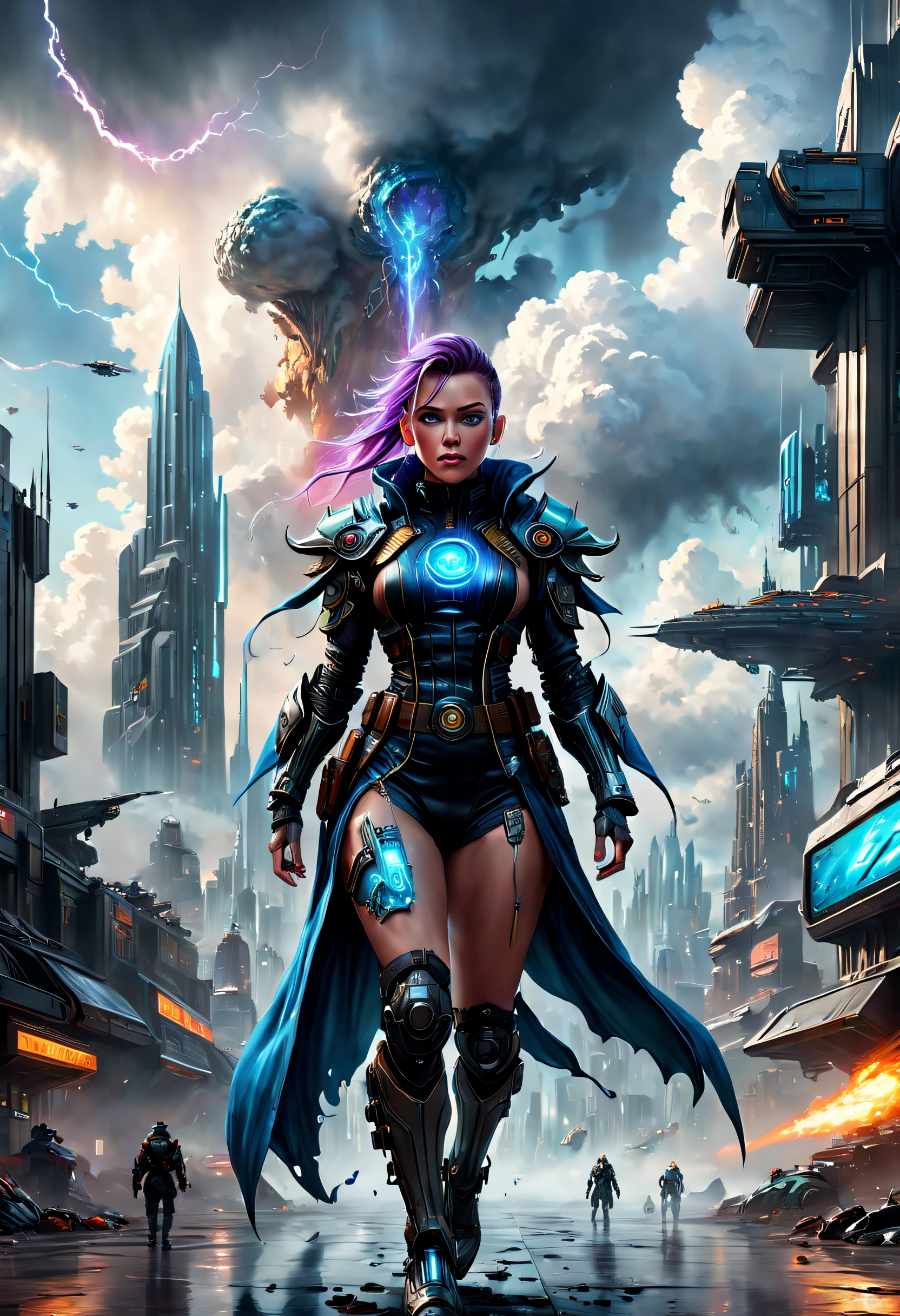 (Best quality, 4K, 8K, A high resolution, Masterpiece:1.2), Ultra-detailed, (Realistic, Photorealistic, photo-realistic:1.37),A giant mage breaks through the clouds,ultra-realistic realism,Epic dreams,Beautiful sci-fi art,science fiction digital art,futuristic urban background,Beautiful sci-fi art, Science-fi digital art illustration, Digital cyberpunk art, science fiction digital painting, futuristic digital painting, futuristic concept art, in front of a sci fi cityscape, science fiction digital art, Advanced digital cyberpunk art, Fantastic cyberpunk mage