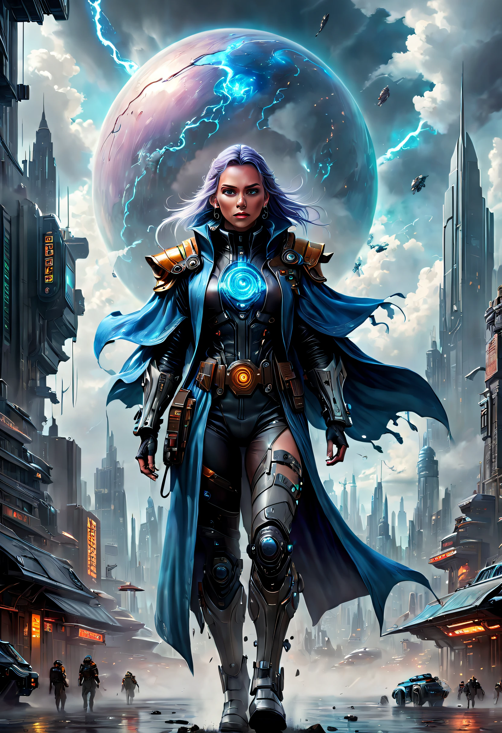 (Best quality, 4K, 8K, A high resolution, Masterpiece:1.2), Ultra-detailed, (Realistic, Photorealistic, photo-realistic:1.37)，A giant mage breaks through the clouds，ultra-realistic realism，Epic dreams，Beautiful sci-fi art,science fiction digital art,futuristic urban background，Beautiful sci-fi art, Science-fi digital art illustration, Digital cyberpunk art, science fiction digital painting, futuristic digital painting, futuristic concept art, in front of a sci fi cityscape, science fiction digital art, Advanced digital cyberpunk art, Fantastic cyberpunk mage