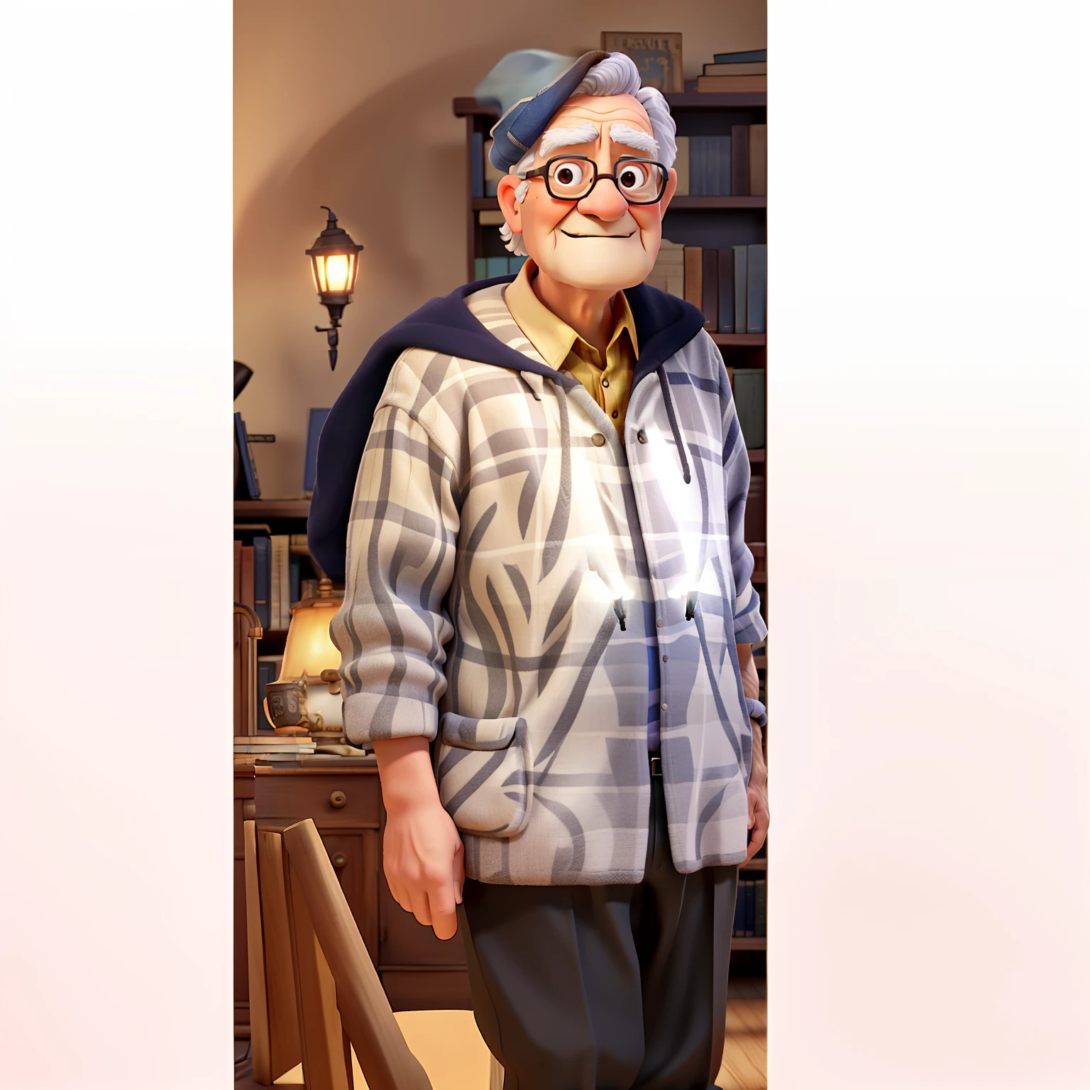 A wise old man standing in front, illuminated by the light of a lamp, against the backdrop of a library