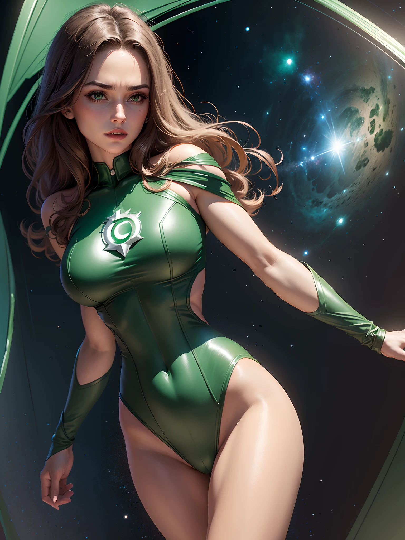 A beautiful woman in style, Green Lantern (in English: Green Lantern) is a DC Comics superhero. Created by Martin Nodell and Bill Finger, the original Green Lantern was recast as a new superhero with the same name in the 1960s, the original character became known by the name his parents called Alan Scott and for a time adopted the identity from Sentinela (Brazil).
The current Green Lantern, founding member of the Justice League of America. This time, she helped cement the new Green Lantern as a popular hero, with a more cosmic theme.
lined lips, green bodysuit, covered navel, makeup,
muscular, tight skin, All green uniform, muscular female, green bodysuit, yellow bodysuit,
Looking at the Viewer, (medium breasts: 1.4), (hanging breasts: 1.3), (full breasts: 1.4), (realism: 1.5), (Realisitc: 1.4), (Absurdity: 1.4), (more cosmic theme: 1.3 ), 8k, ultra-detailed, Detailed beautiful woman, (Only one:1.4), 1girl, (Viewer facing:1.2), sexy,