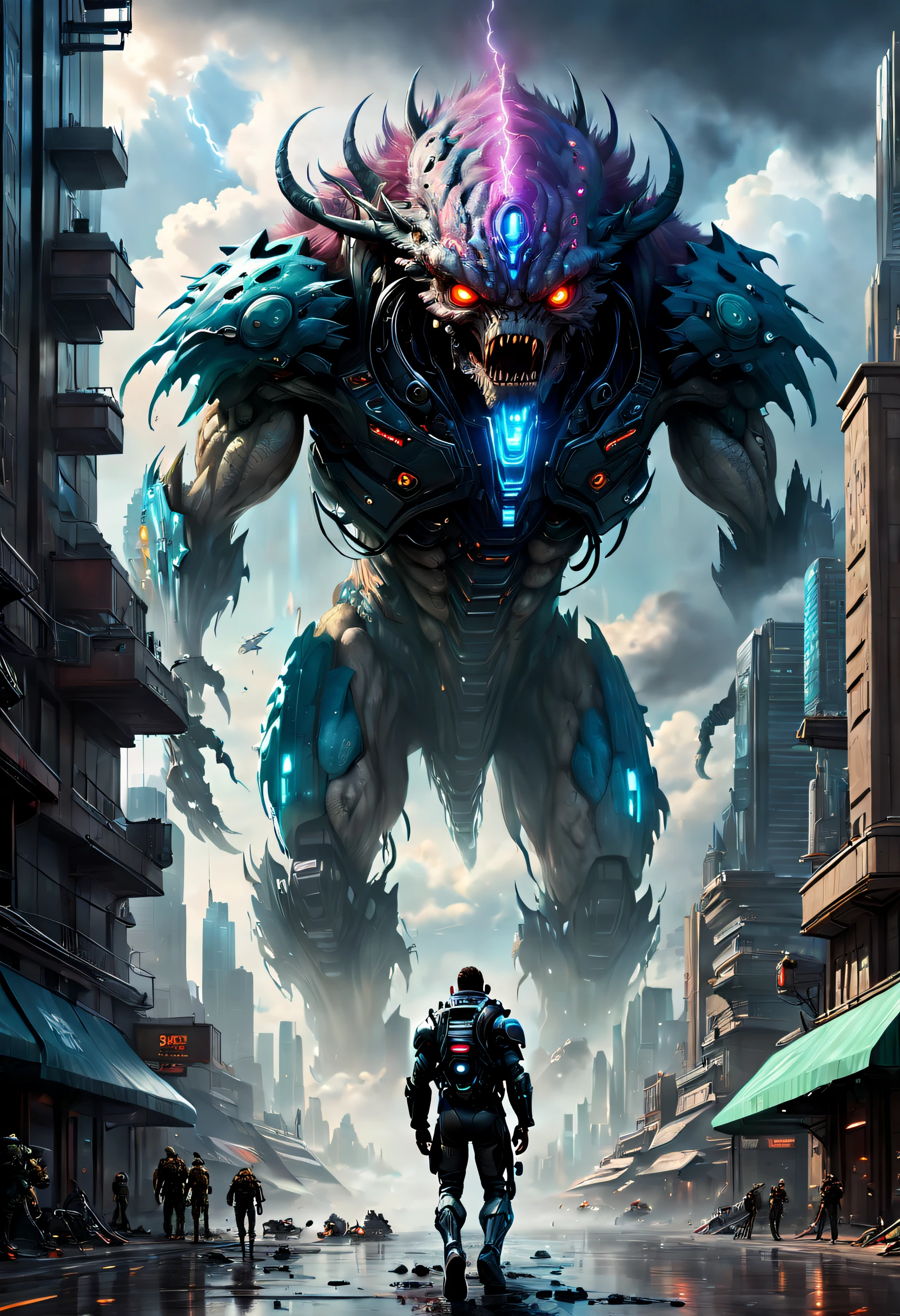 (Best quality, 4K, 8K, A high resolution, Masterpiece:1.2), Ultra-detailed, (Realistic, Photorealistic, photo-realistic:1.37),A giant monster breaks through the clouds,ultra-realistic realism,Epic dreams,Beautiful sci-fi art,science fiction digital art,futuristic urban background,Beautiful sci-fi art, Science-fi digital art illustration, Digital cyberpunk art, science fiction digital painting, futuristic digital painting, futuristic concept art, in front of a sci fi cityscape, science fiction digital art, Advanced digital cyberpunk art, Fantastic cyberpunk monsters