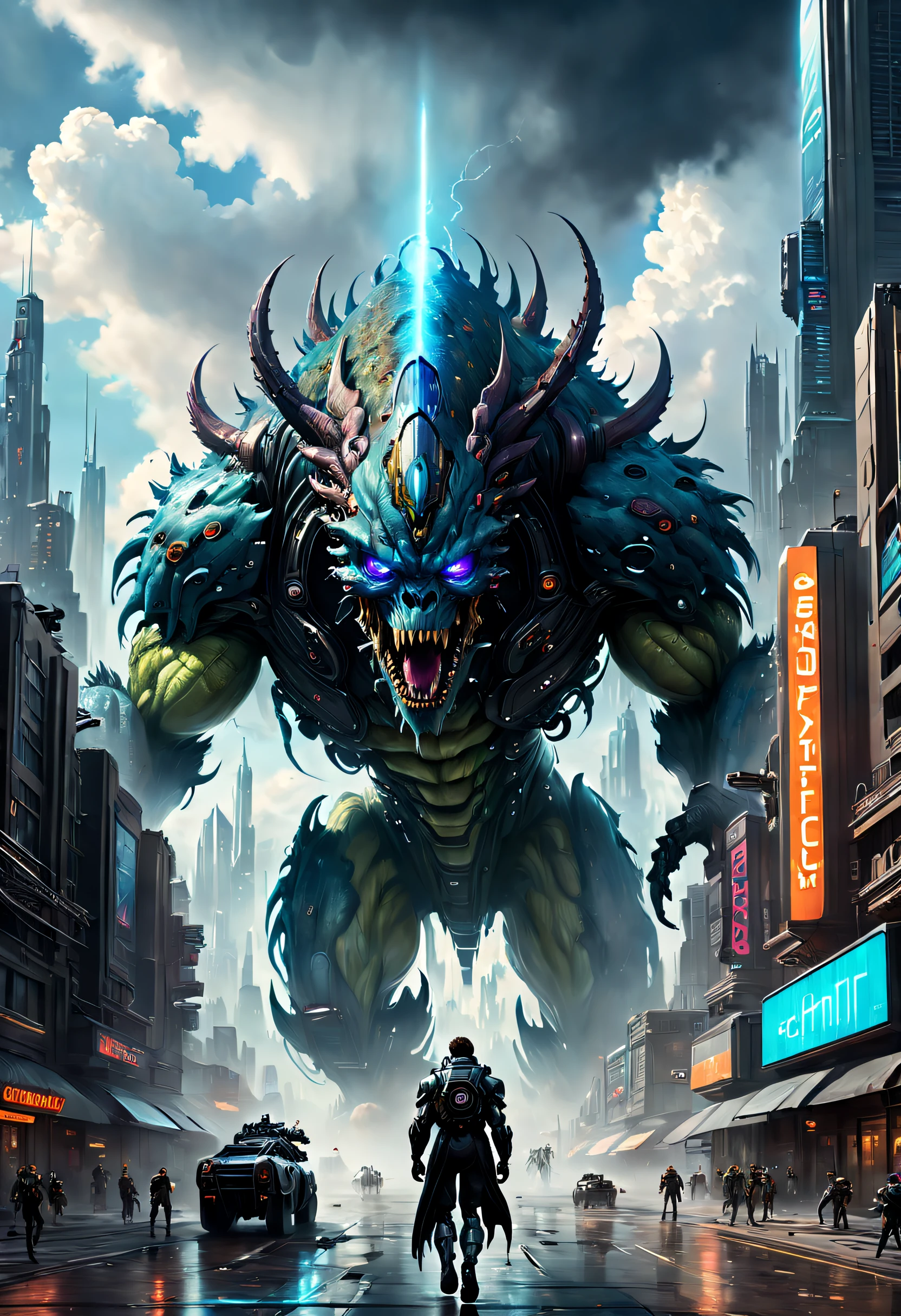 (Best quality, 4K, 8K, A high resolution, Masterpiece:1.2), Ultra-detailed, (Realistic, Photorealistic, photo-realistic:1.37),A giant monster breaks through the clouds,ultra-realistic realism,Epic dreams,Beautiful sci-fi art,science fiction digital art,futuristic urban background,Beautiful sci-fi art, Science-fi digital art illustration, Digital cyberpunk art, science fiction digital painting, futuristic digital painting, futuristic concept art, in front of a sci fi cityscape, science fiction digital art, Advanced digital cyberpunk art, Fantastic cyberpunk monsters