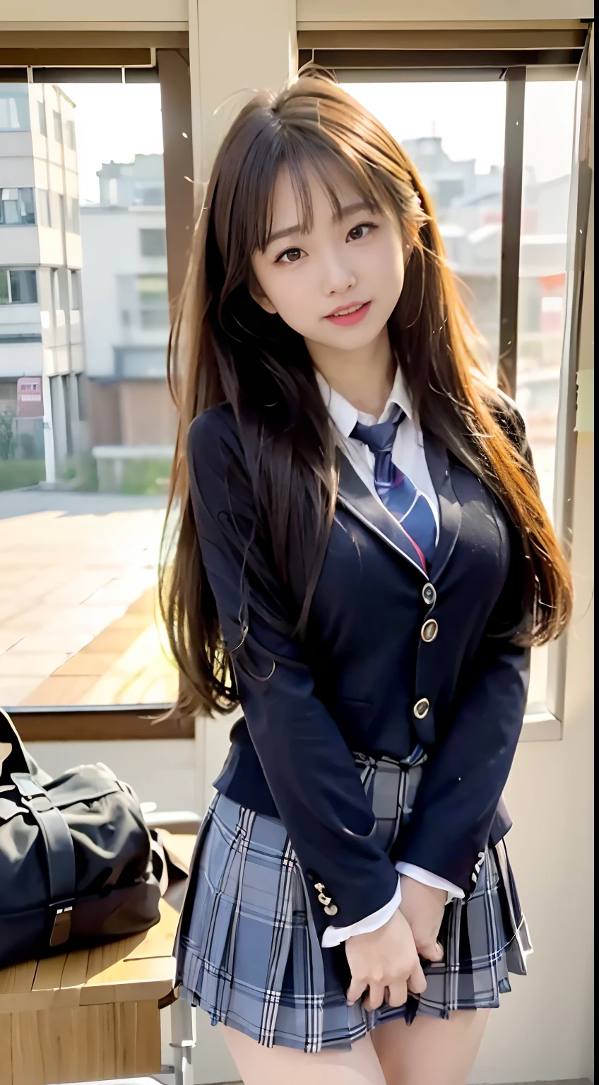 mix4, (16 K, Raw photography, Top image quality, ​masterpiece: 1.45), (realisitic, Photorealsitic: 1.37), one girls, cute little, A city scape,, profetional lighting, photon maping, school classrooms, physically-based renderingt, dark brown  hair,pony tail hairstyle, Well-groomed and beautiful eyes、((二重まぶた))、Transcendent Cute Girl, (((student clothes、blazers、Long sleeve shirt worn by Japan high school girl、Ribbon Ties、Dark blue mini skirt,、Dark blue socks、Black loafers))), Top Quality Photos, hight resolution, 1080p, (clearface), (Detailed face description), (Detailed hand description), (​masterpiece), (Exquisite CG)、extreme light and shadows、dishevled hair、master work、abundant detail、(Fine facial features)、(top quality photo)、(masuter piece)、(A detailed eye)、Look in front of you、Fine clavicle、((Slender big))、(((Japan schoolgirls wear jackets and long-sleeved shirts)))、((Neat and clean idol))、((School Gate、school ground、School building in the background))、(Shooting from random perspectives)、(((Anyway cute)))、耳Nipple Ring、A big smile、Drawing the whole body from the knees、Do not draw nasolabial folds、(((Sports bags used by Japan schoolgirls)))、(Big breasts that hang down big:1.2)、Big buttocks with tension、Two arms and two legs、(((from the front side:0.7)))、bare hand、(((Left and right symmetrical eyes)))、Standing Pose、Put your hands on your desk、Do not take the tie out of the jacket、Raise your buttocks:1.5，barebacked:1.5，