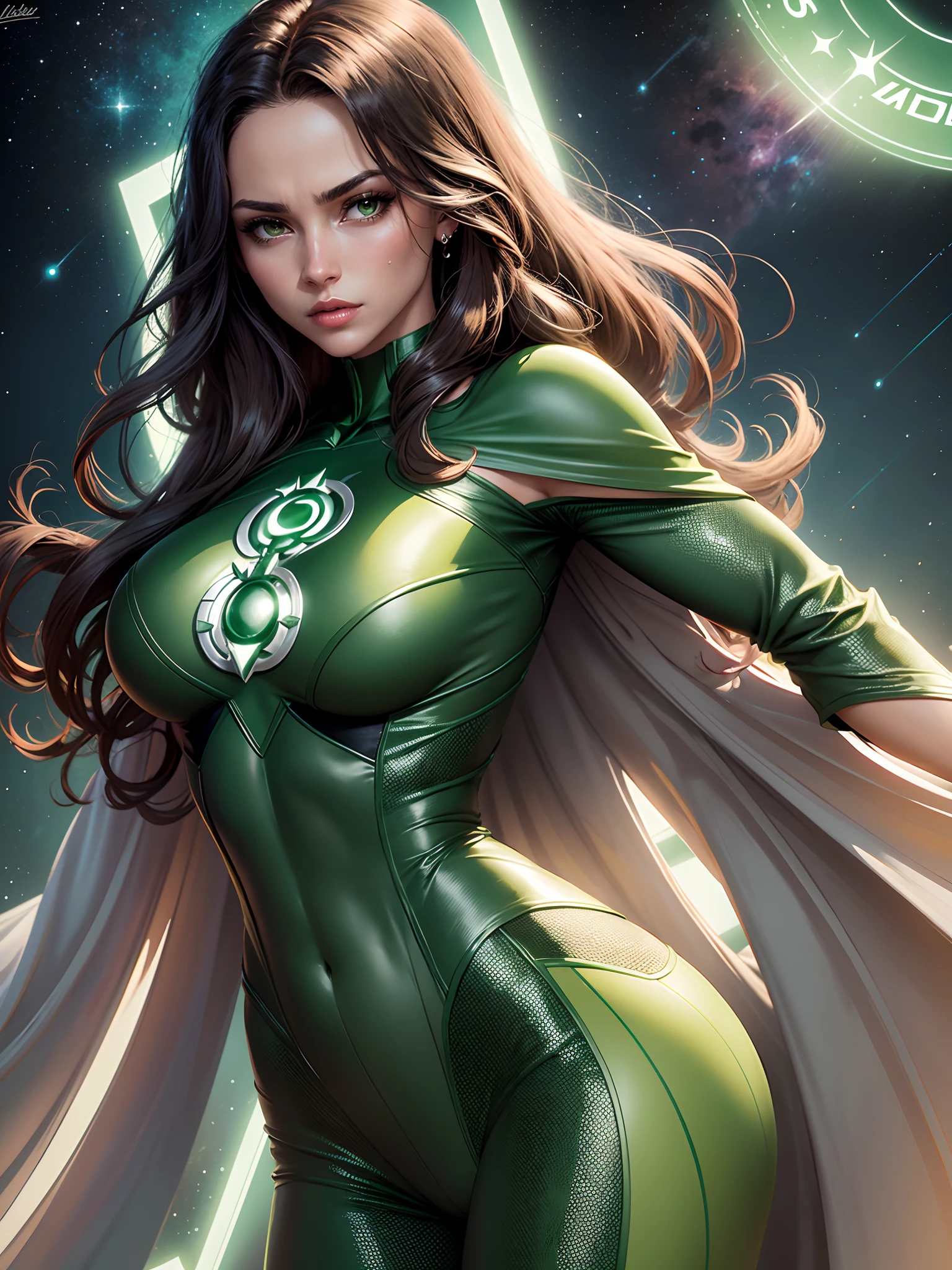 A beautiful woman in style, Green Lantern (in English: Green Lantern) is a DC Comics superhero. Created by Martin Nodell and Bill Finger, the original Green Lantern was recast as a new superhero with the same name in the 1960s, the original character became known by the name his parents called Alan Scott and for a time adopted the identity from Sentinela (Brazil).
The current Green Lantern, founding member of the Justice League of America. This time, she helped cement the new Green Lantern as a popular hero, with a more cosmic theme.
lined lips, green bodysuit, covered navel, makeup,
muscular, tight skin, All green uniform, muscular female, green bodysuit, yellow bodysuit,
Looking at the Viewer, (medium breasts: 1.4), (hanging breasts: 1.3), (full breasts: 1.4), (realism: 1.5), (Realisitc: 1.4), (Absurdity: 1.4), (more cosmic theme: 1.3 ), 8k, ultra-detailed, Detailed beautiful woman, (Only one:1.4), 1girl, (Viewer facing:1.2), sexy,