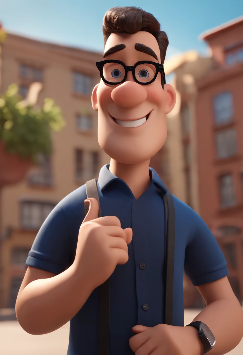Cartoon character of a man wearing black glasses and a blue shirt, um personagem animado, Caractere estilizado, animation style rendering, 3D estilizado, Arnold Maya render, 3 d render stylized, toon render keyshot, Personagem 3D, Personagem 3D, 3d rendering stylized, 3 d character render, personagem de desenho animado, Personagem de close up, Pose de personagem, (Estilo Pixar) (master part:1.2) (Bokeh) (best quality) (pele detalhada) (textura detalhada) (8k) (argila) (Cinematic lighting) (foco nítido,Senta e vaza a parte superior do corpo