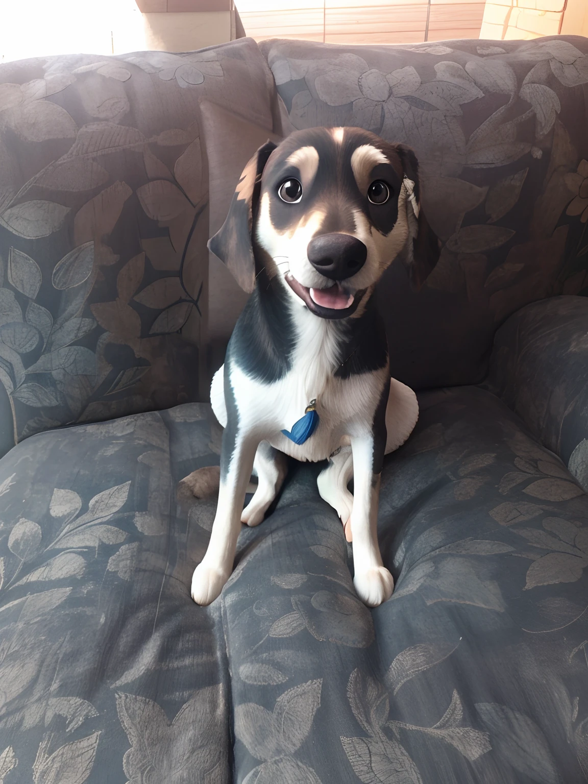 Female dog sitting on flowery sofa with open mouth