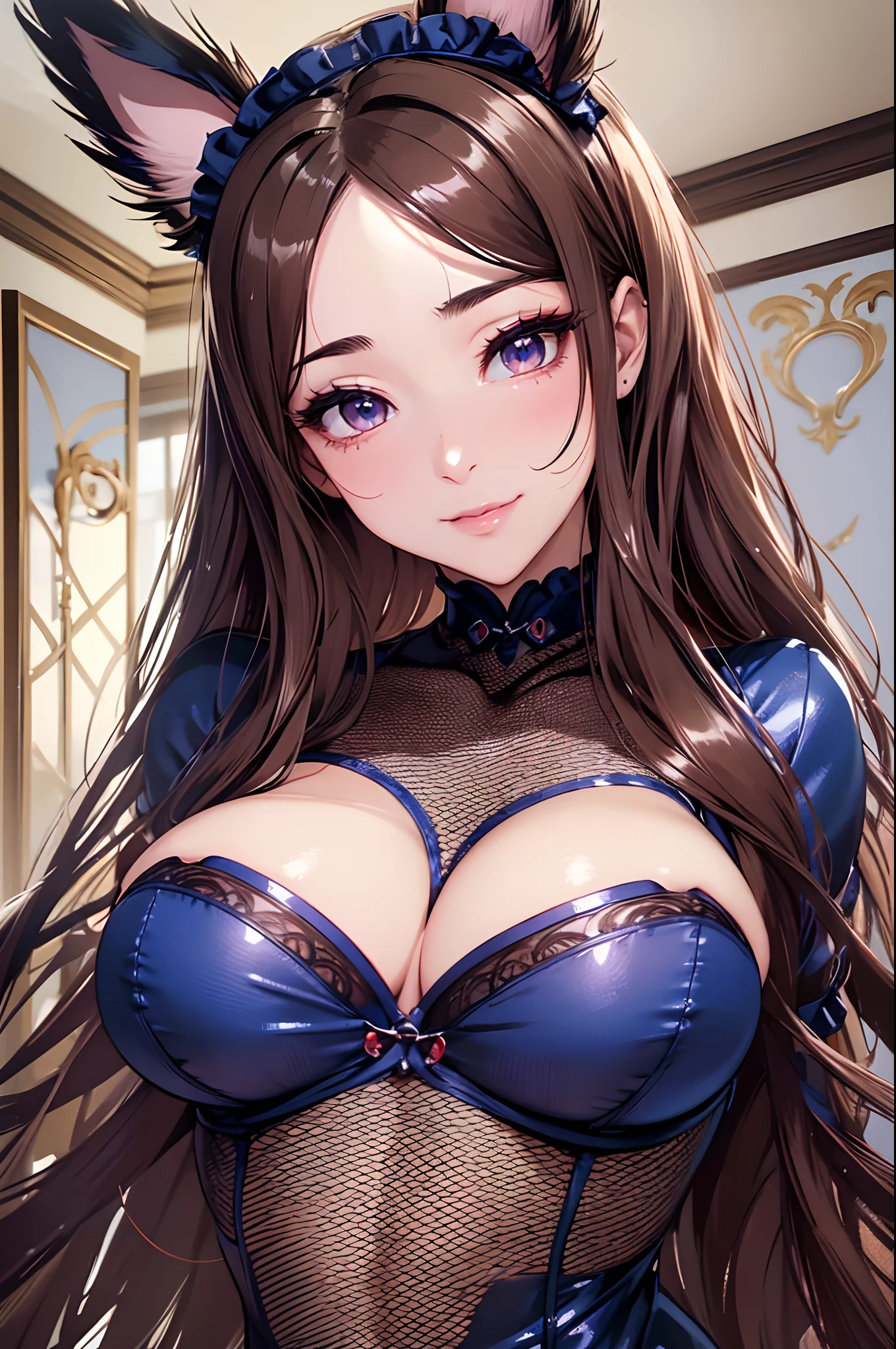 16K Ultra High Definition
Super Detailed
masterpiece
Glossy and detailed hair
Beautiful human woman with long brown hair、Blue Mesh、Very long lashes、lofty nose、
ultra gigantic tits、Amazing beautiful breasts、Maid Outfit
Dog Ears
Glossy skin
Red cheeks
Moist eyes and an embarrassed expression
Seduce with a bewitching smile
The background is the living room