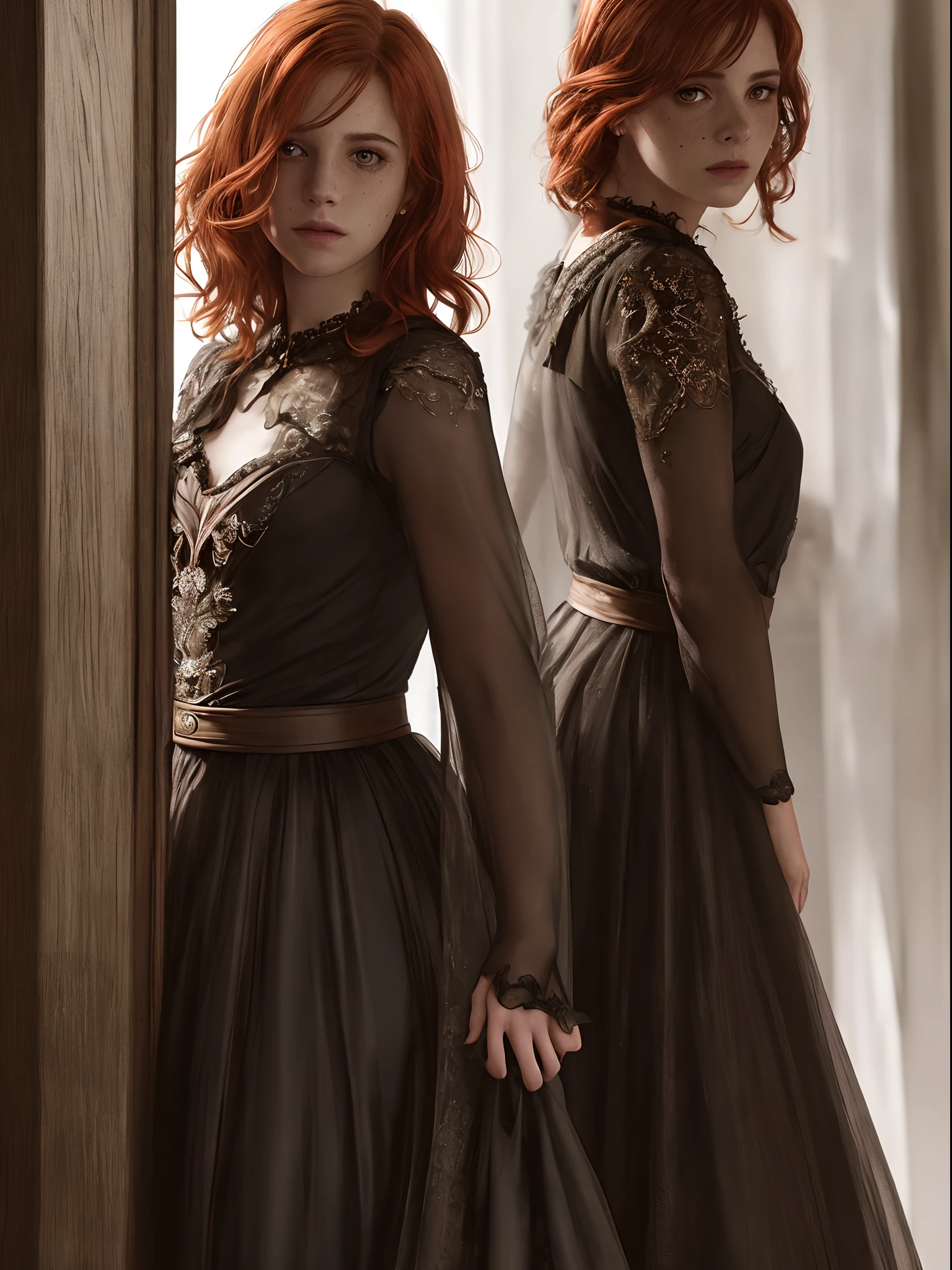 Realistic, photorealistic, RAW photo, ultra detailed, cinematic lighting, depth of field, (Darkness: 1.2), the night is dark and full of sorrow, cute woman, standing in doorway, she leaves but turns around to say goodbye, most detailed cute face, sexy look, short ginger hair, freckles, short black skirt, spot lighting, deep shadow, low key, low angle, masterpiece, Cinematic composition, aesthetic of dramatic movie picture, Centered image.