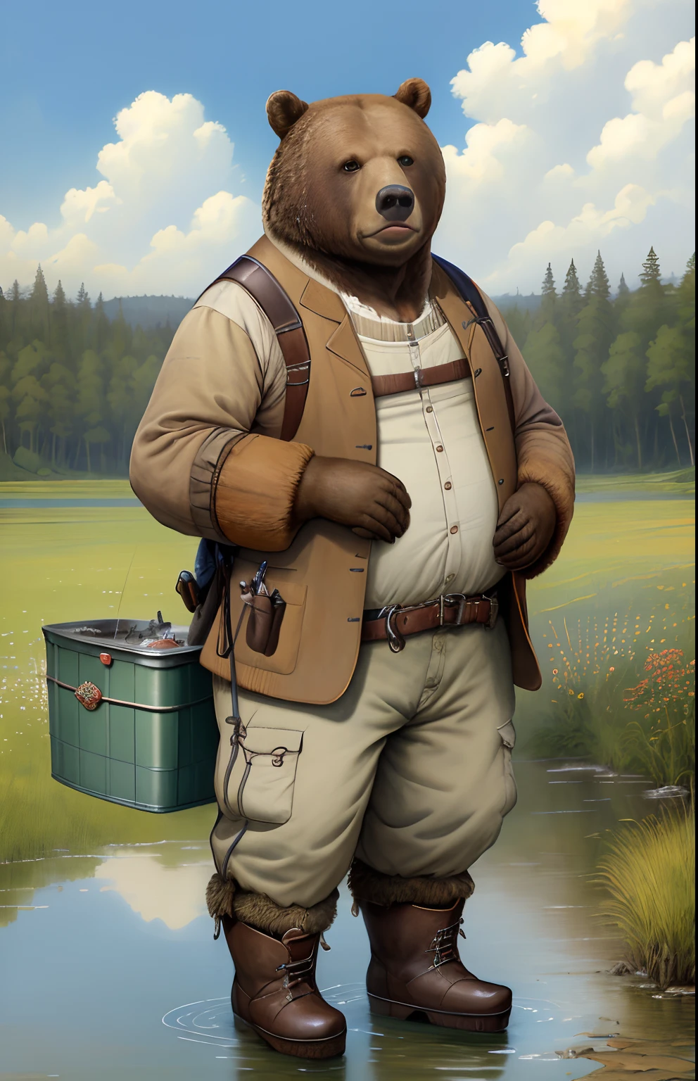 Painting by Jean-Baptiste Monge depicting a large brown bear, caught a huge perch, Dressed in fishing boots, Fishing Tackle Box, On a summer day in a meadow a bucket of fish, , jean - baptiste monge, anthropomorphic --ar 2:3 --testp -optimistic;