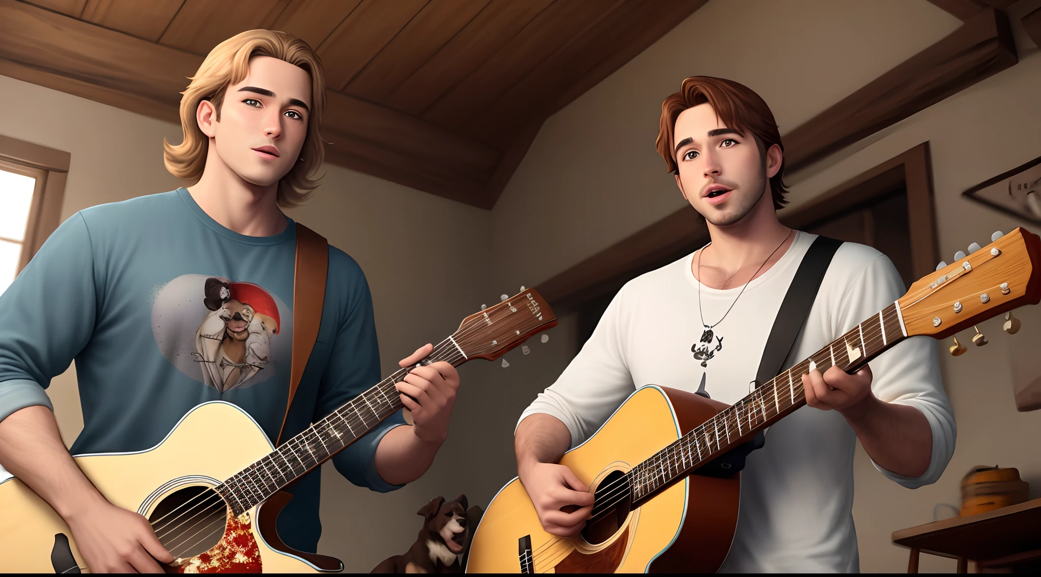 Um homem de 30 anos branco de cabelo e olhos castanhos,playing the guitar,numa fazenda,com dois cachorros em volta no estilo disney pixar