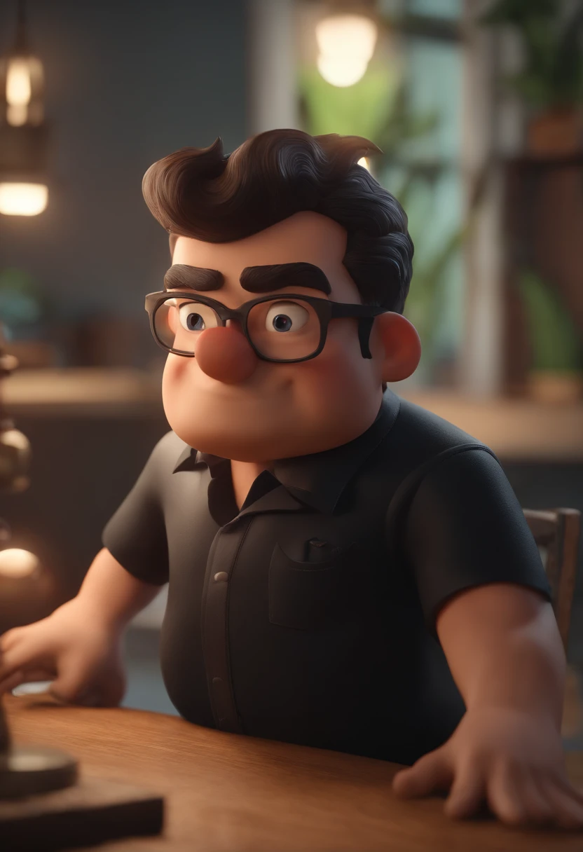 Personagem de desenho animado de um homem de 38 anos, Wearing black glasses and a black shirt, praticando corride de rua, um personagem animado, Caractere estilizado, animation style rendering, 3D estilizado, Arnold Maya render, 3 d render stylized, toon render keyshot, Personagem 3D, Personagem 3D, 3d rendering stylized, 3 d character render, personagem de desenho animado, Personagem de close up, Pose de personagem, (Estilo Pixar) (master part:1.2) (Bokeh) (best quality) (pele detalhada) (textura detalhada) (8k) (argila) (Cinematic lighting) (foco nítido，Senta e vaza a parte superior do corpo