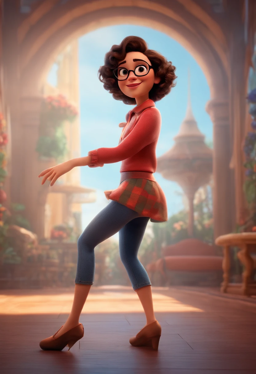 Pixar style image with 3D character white glasses brunette woman short curly hair dancing, Maquiagem Disney,Pescador, bonitinho, sorridente ,Close-up, Pixar, Disney, Cinema lighting,
