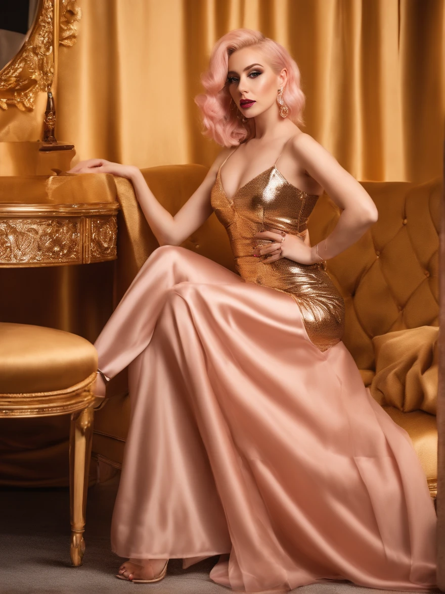 blond woman with pink hair sitting on a couch in a gold dress, alexa grace, blonde goddess, amouranth, ava max, better known as amouranth, 4 k glamour photography, sexy dress, 2 4 year old female model, sexy girl with long blonde hair, angelawhite, sexy look, amouranth as a super villain, rose gold