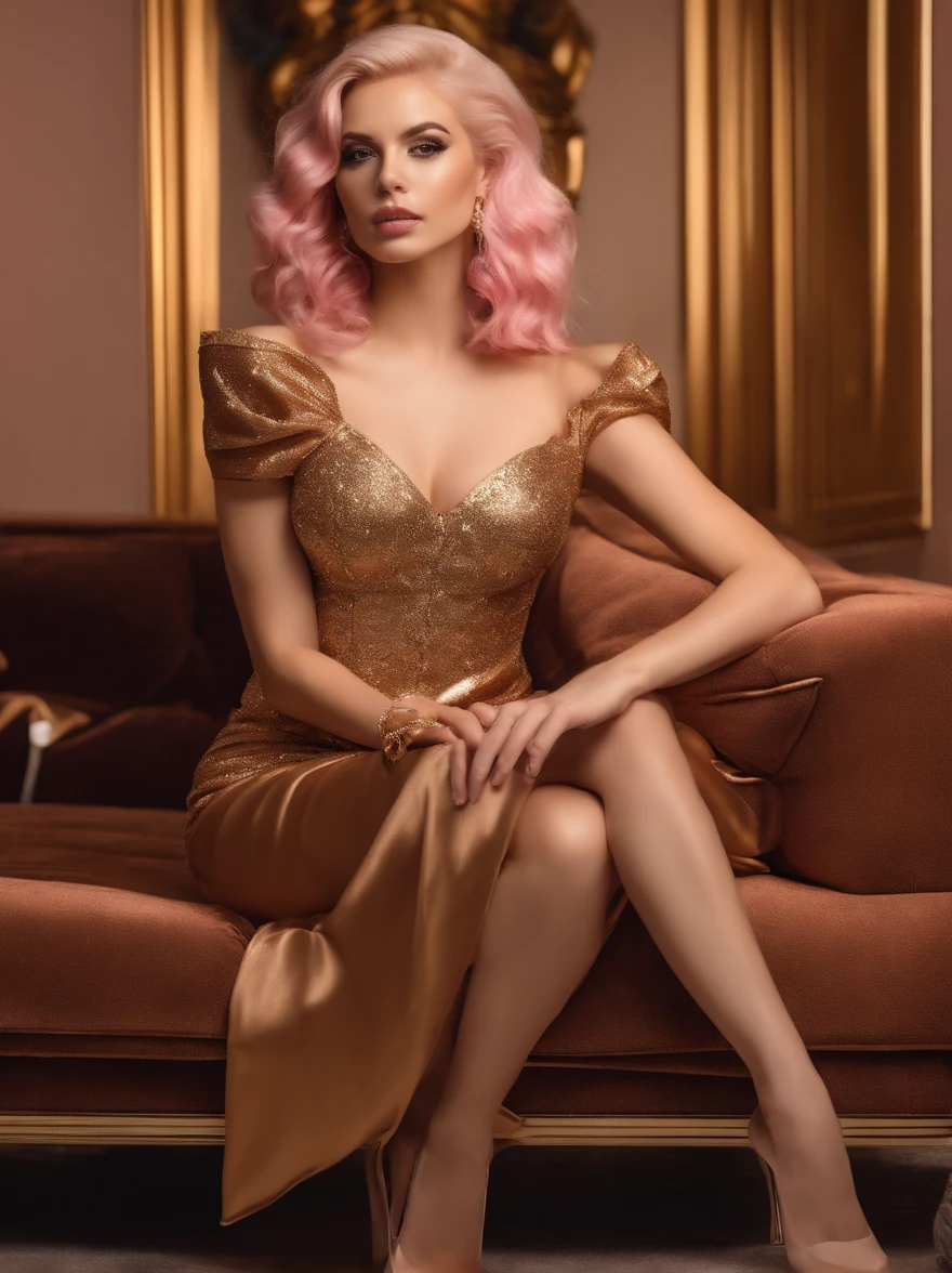 blond woman with pink hair sitting on a couch in a gold dress, alexa grace, blonde goddess, amouranth, ava max, better known as amouranth, 4 k glamour photography, sexy dress, 2 4 year old female model, sexy girl with long blonde hair, angelawhite, sexy look, amouranth as a super villain, rose gold
