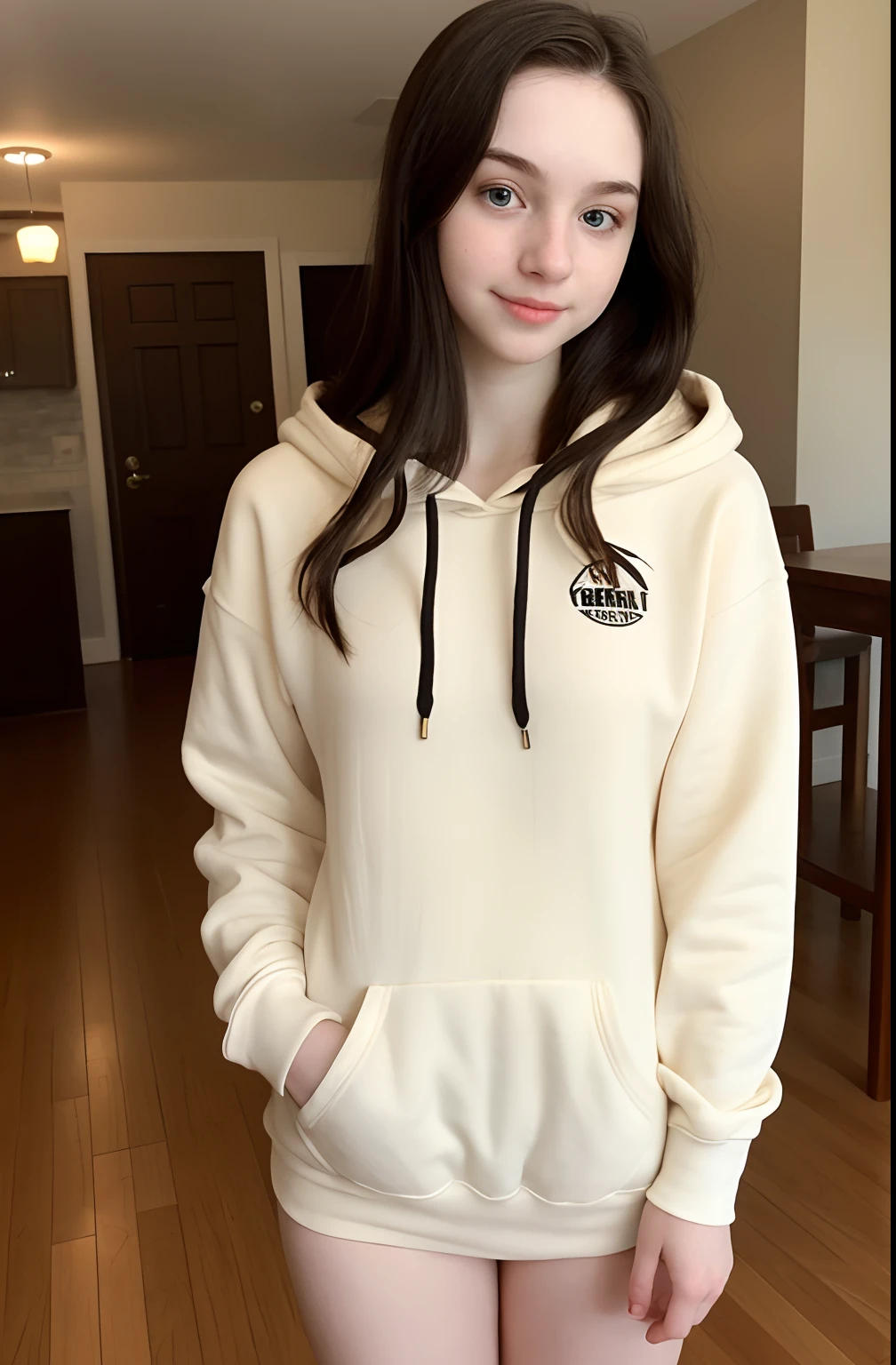 1girl, caucasian, young adult, pale white skin, brown eyes, black hair, long hair, soft face, cute, petite, black hoodie, indoors