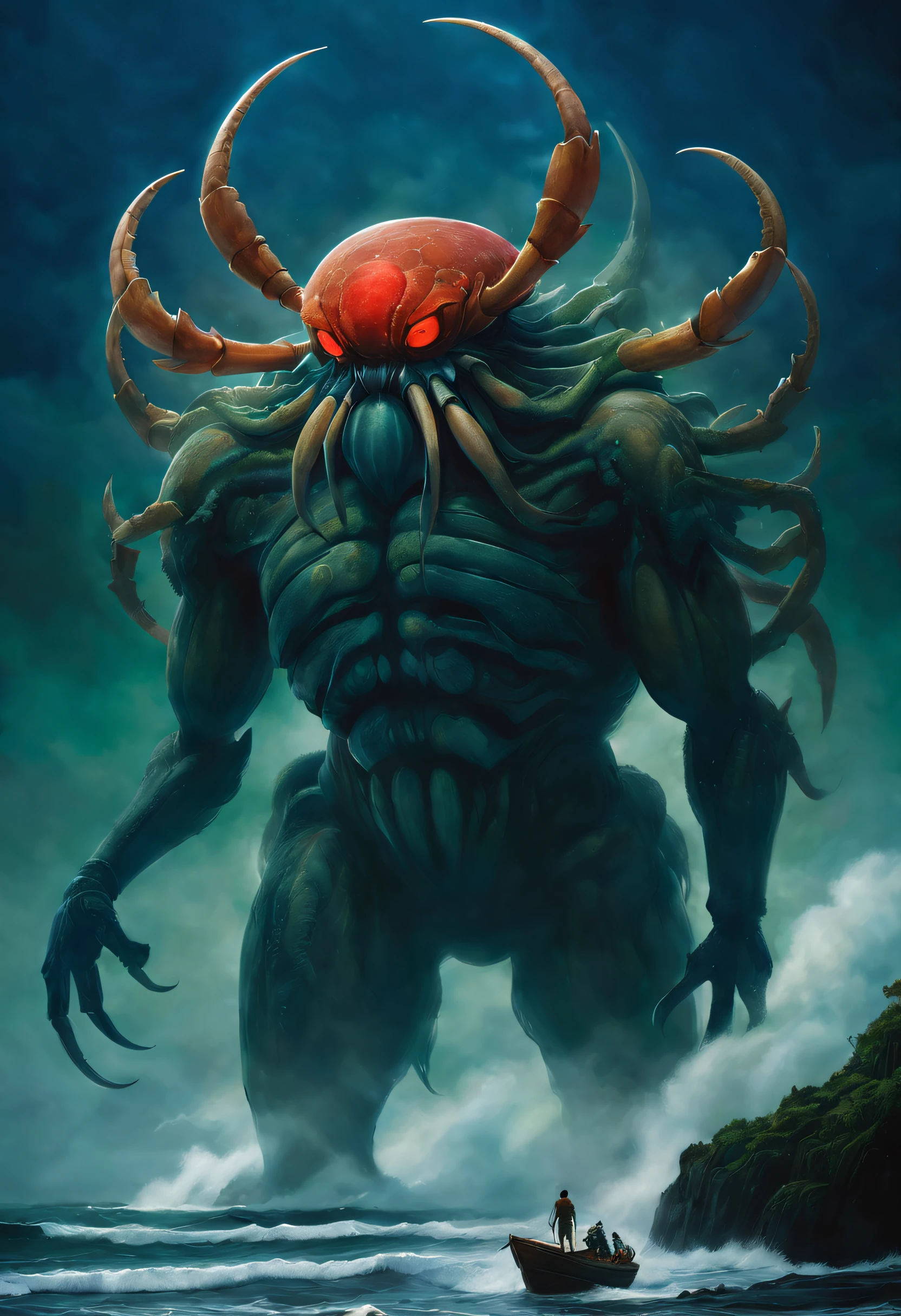 （A giant crab stands in the fog and stares fiercely at a man begging for help），（a creature 5 meters tall:1.0），（Huge red eyes are unusually bright：1.37）（The thick legs of two giants stand on the reef） ，，（The shell of a giant crab is dark green），（goldtrim）, （Dark blue wide oval abdomen）, （Very hard and thick shell texture）， (There are a pair of large protruding compound eyes：0.8），（Unusually long and flexible antennae：1.1），（The length is about 1/3 The width of the crab's body：0.5） ，（There is a small pair of pliers on the top of the head），（Fresh fluff：0.8）， giant ethereal creature,The texture is clear， （The helpless pray for help：1.37），（People who ask for help：1.37），（Dark blue glowing sky）， Background with：nebulous sky，（salama：1.1（rough sea），（Greatwave），Recife，）， 真实感，Epic，ultraclear，afterimage, Dutch angle, From below, Sony FE GM, Chiaroscuro, Blurry, hyper HD, Masterpiece, Textured skin, Super detail, High details, High quality, Award-Awarded, Best quality, A high resolution, 8K，Epic，sci-fy，Futuristic fantasy，cotw，thriller