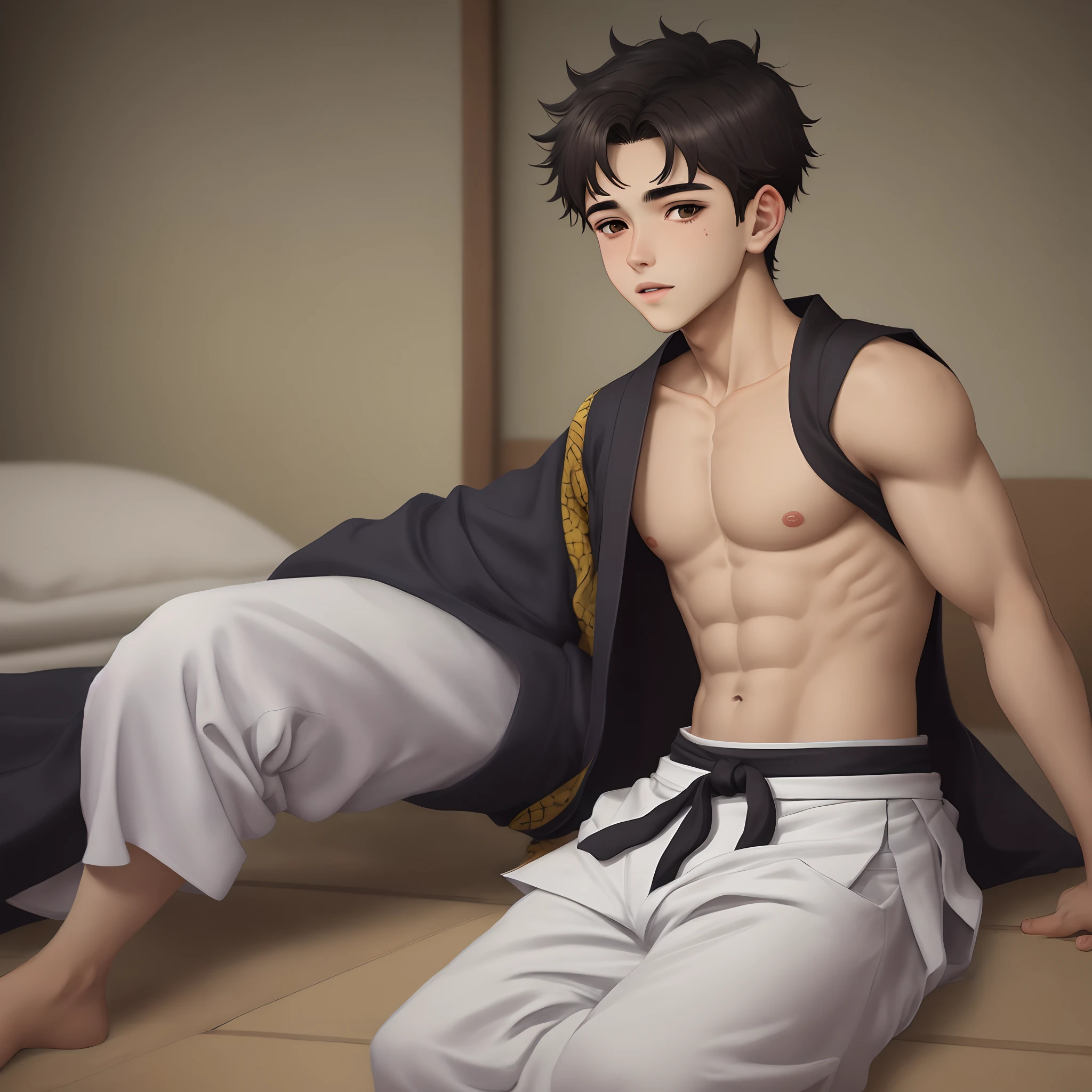 lindo, loiro de 15 anos, forte, com olhos castanho escuro, com nariz discretamente alongado, fine strokes, queixo discretamente alongado estilo jujutsu no kaisen