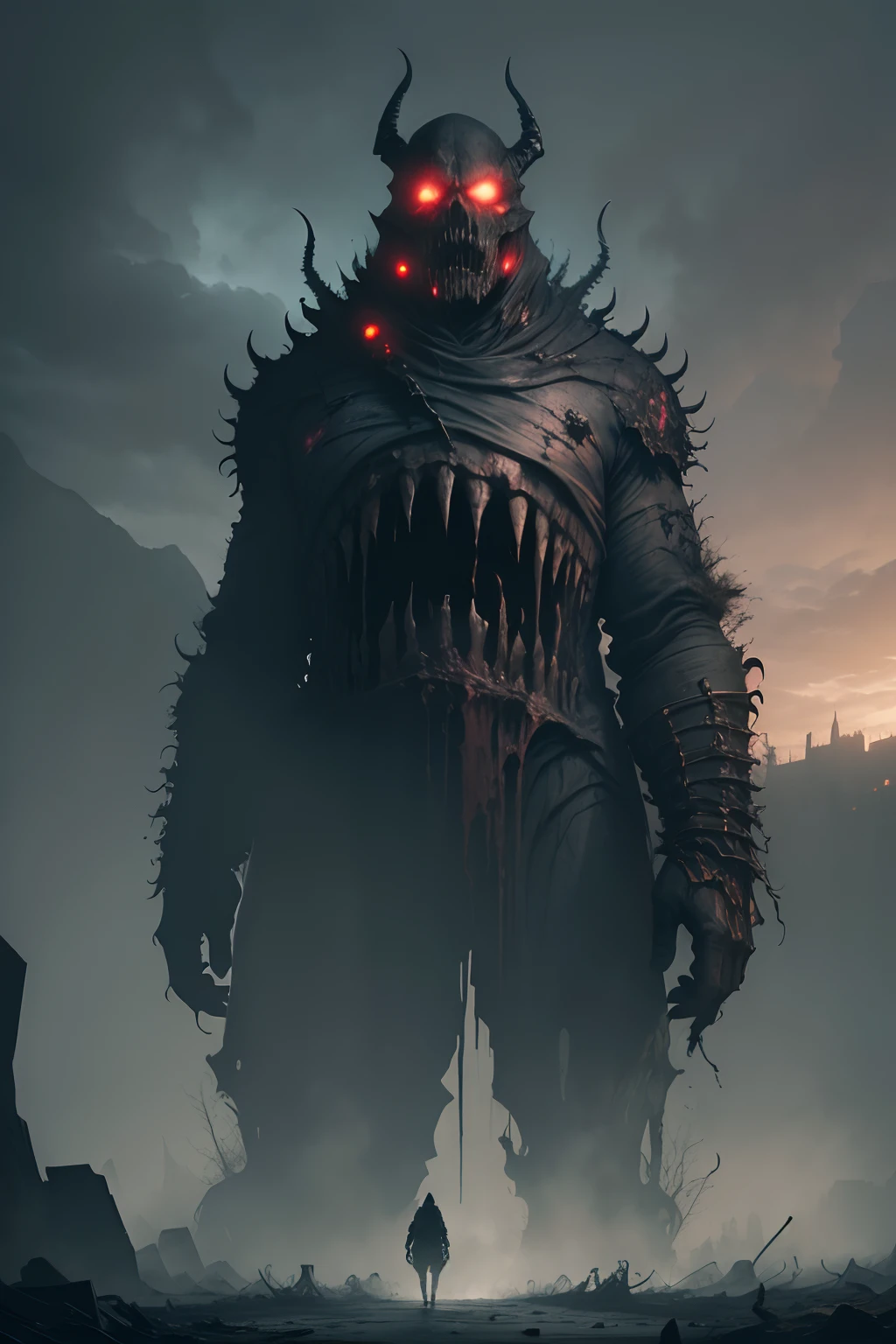 (best quality,4k,8k,highres,masterpiece:1.2),ultra-detailed,realistic,photorealistic,giants,
skull-like monsters,gloomy atmosphere,ominous,dark,dreadful,towering,frightening,detailed textures,worn-out
bones,dark shadows,ominous sky,gloomy lighting,monstrous proportions,massive creatures,haunting
silhouette,dreadful presence,nightmarish,fear-inducing,terrifying grimace,powerful and menacing,looming in the
darkness,horror-filled,spine-chilling,daunting,frighteningly large,terror-stricken victims,desolate landscape,
foreboding presence,enormous in size,darkened world,terrifying aura,a sense of impending doom,horrifyingly
twisted,macabre ambiance,monstrous appendages,endless abyss,dire atmosphere