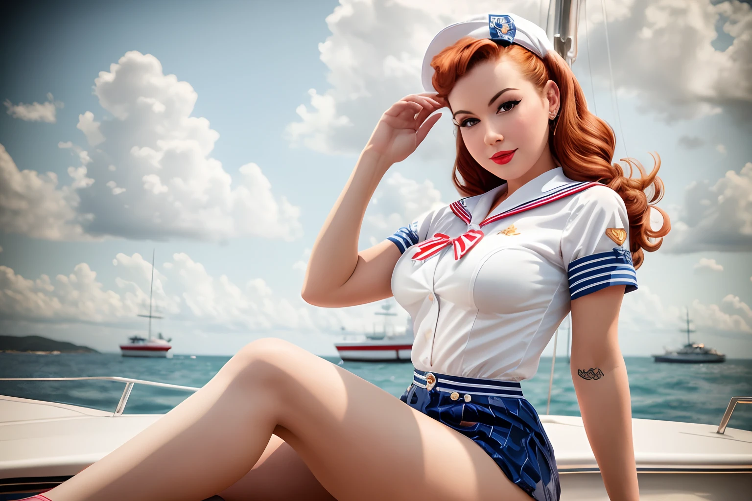 there is a woman sitting on a boat with a sailor hat, retro pinup model, girl pinup, pinup model, pinup art, pinup girl, pin up, pin - up girl, pin-up, pin - up, pin up girl, pinup, pin-up poster girl, nautical siren, pinup pose, pinup style, gil elvgren style, comic pinup style