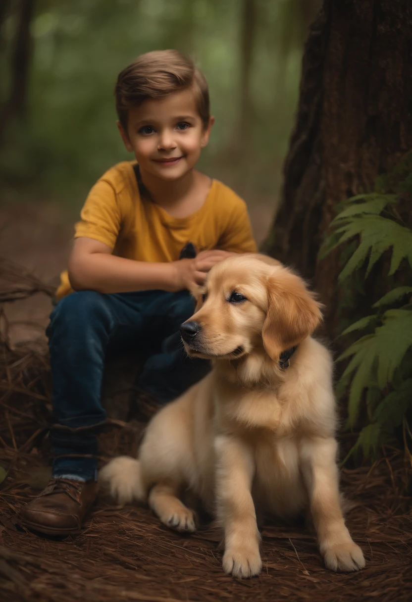 Um lindo  de 8 anos, de olhos cor de mel, holding a Golden Retriever puppy, em uma floresta, imagem ultrarealista, realista, 8k