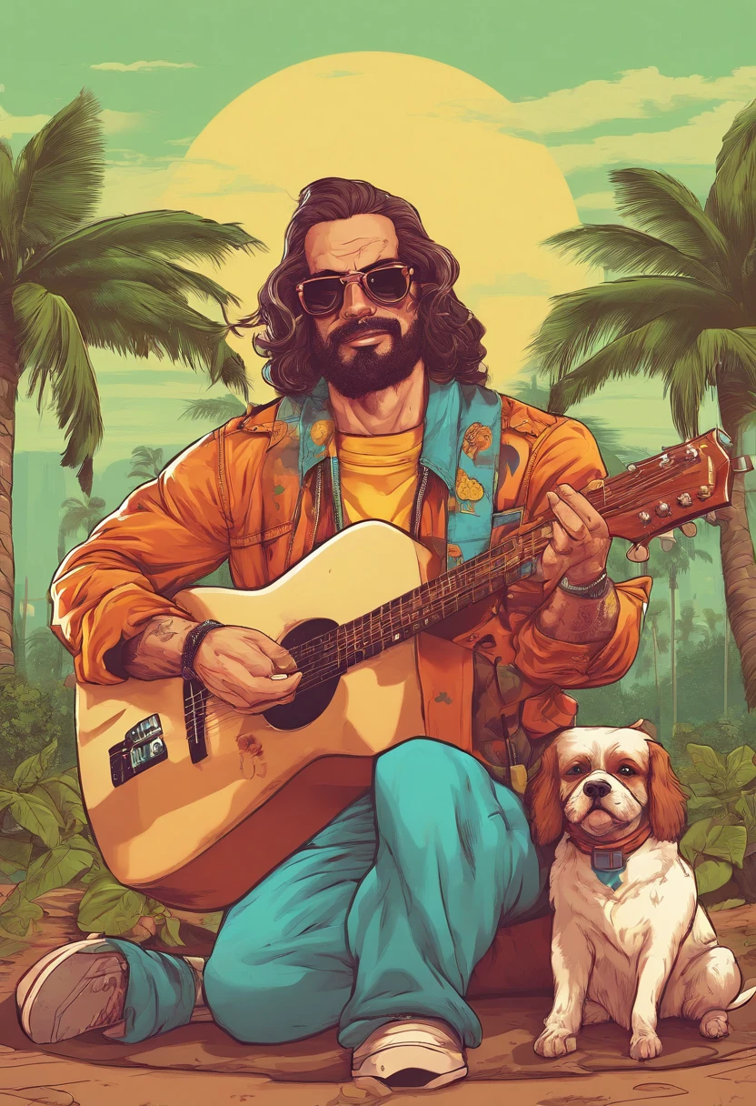 Homem de 30 anos branco de cabelo e olhos castanhos,playing the guitar,numa fazenda com dois cachorros em volta