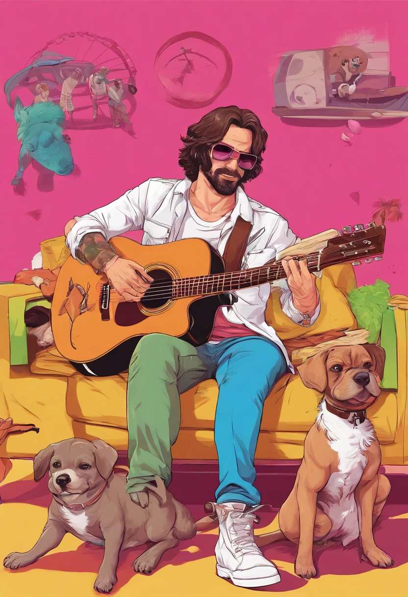 Homem de 30 anos branco de cabelo e olhos castanhos,playing the guitar,numa fazenda com dois cachorros em volta