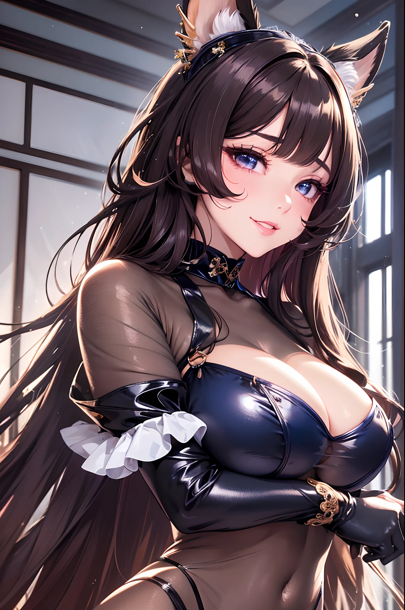 16K Ultra High Definition
Super Detailed
masterpiece
Glossy and detailed hair
Beautiful human woman with long brown hair、Blue Mesh、Very long lashes、lofty nose、
ultra gigantic tits、Amazing beautiful breasts、Maid Outfit
Dog Ears
Glossy skin
Red cheeks
Moist eyes and an embarrassed expression
Seduce with a bewitching smile
The background is the living room