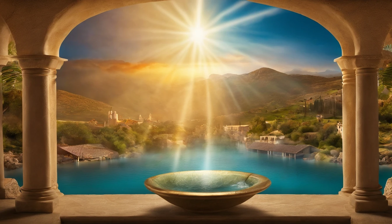 Create an image that depicts the scene where Jesus is the Word, and the Word is God, manifesting His omnipresence, assim como o Pai. The image should convey the idea that in the beginning was the Word, e o Verbo estava com Deus, e o Verbo era Deus. Utilize cores e elementos que simbolizem a divindade e a unidade de Jesus com Deus, highlighting the importance of this concept in Christian theology.
