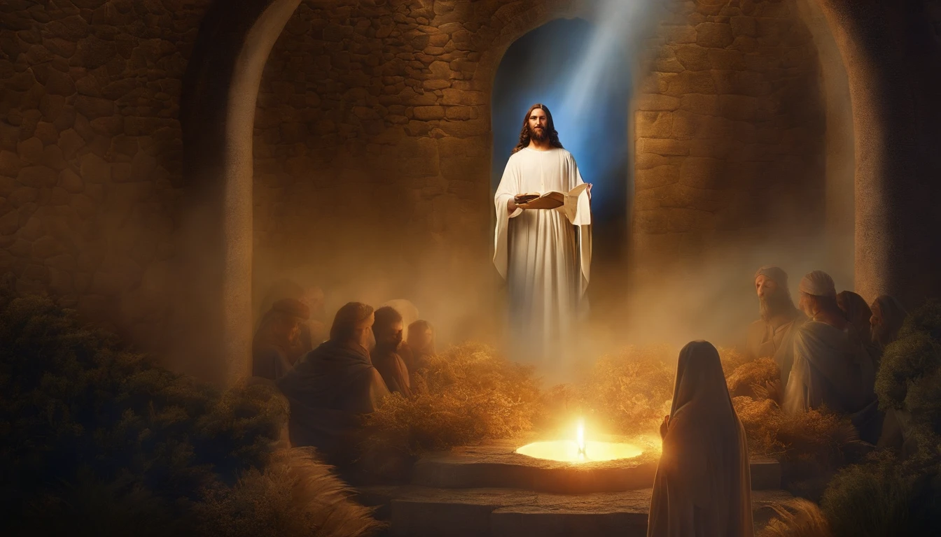 Create an image that depicts the scene where Jesus is the Word, and the Word is God, manifesting His omnipresence, assim como o Pai. The image should convey the idea that in the beginning was the Word, e o Verbo estava com Deus, e o Verbo era Deus. Utilize cores e elementos que simbolizem a divindade e a unidade de Jesus com Deus, highlighting the importance of this concept in Christian theology.