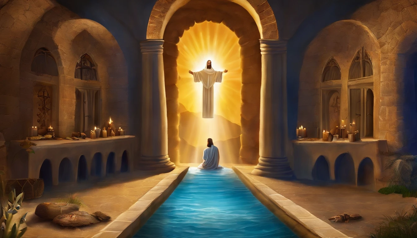 Create an image that depicts the scene where Jesus is the Word, and the Word is God, manifesting His omnipresence, assim como o Pai. The image should convey the idea that in the beginning was the Word, e o Verbo estava com Deus, e o Verbo era Deus. Utilize cores e elementos que simbolizem a divindade e a unidade de Jesus com Deus, highlighting the importance of this concept in Christian theology.