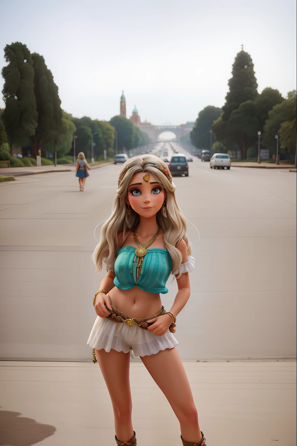 Fotografia profissional mestre, Beautiful woman in bohemian dress and accessories,cabelos longos e pretos, olhos pretos tambem, olhando para frente, texturas e detalhes extremos, foto de retrato de corpo inteiro, bohemian city landmarks background,