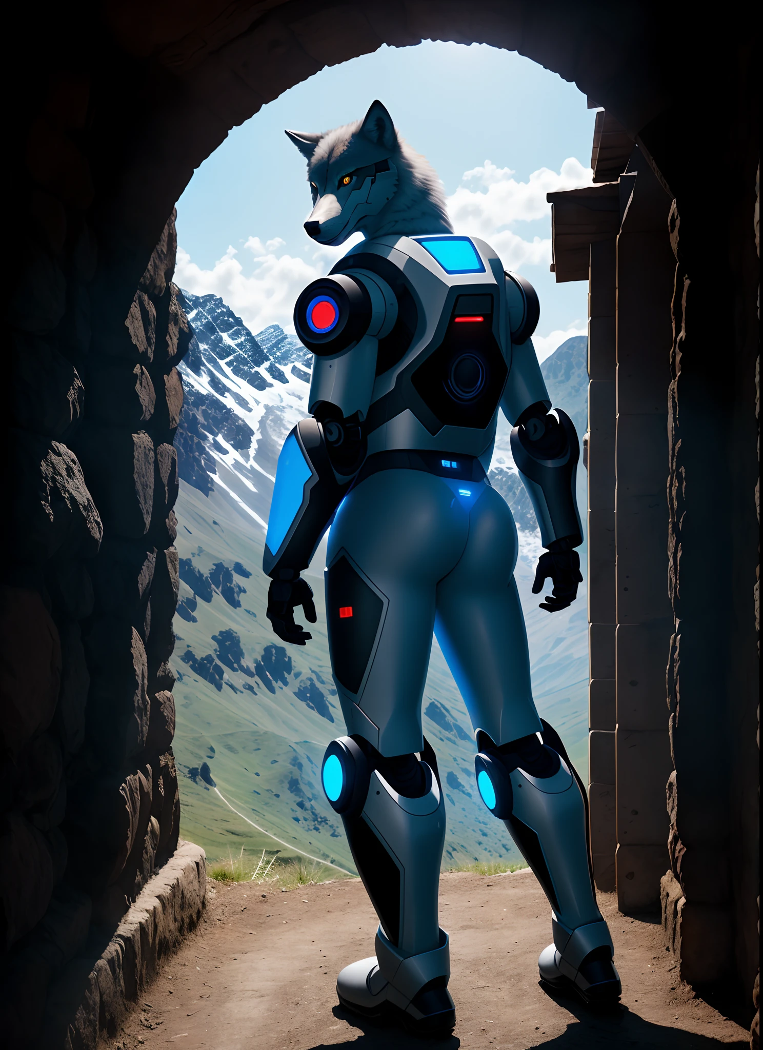 wolf, male, robot, gray body, white belly, mountainous sized ass, light blue hard-light hair, light blue hard-light tail, digital light blue eyes, black visor