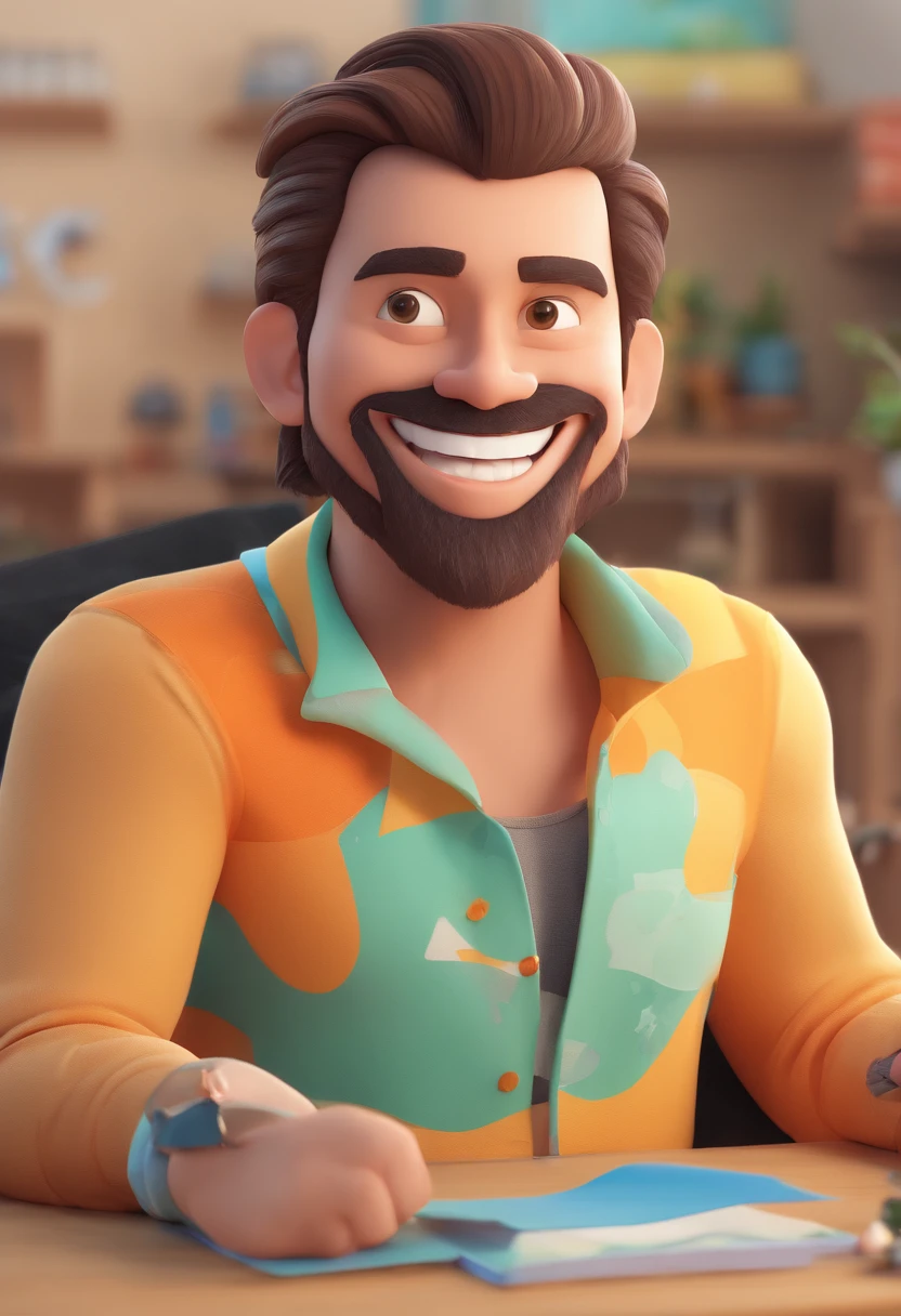 Smiling Man Illustration, sorriso insano, Homem de pele marrom com um sorriso gigante, happily smiling at the camera, sorriso atrevido, he's smiling, sorriso muito grande, Macho sorridente, foto de perfil headshot, rindo sorriso enorme, desenhando no estilo de Arte 3D, c4d, fundo de cor branco puro, estilo disney, estilo pixar render ilustracao Super Detalhe, 8k