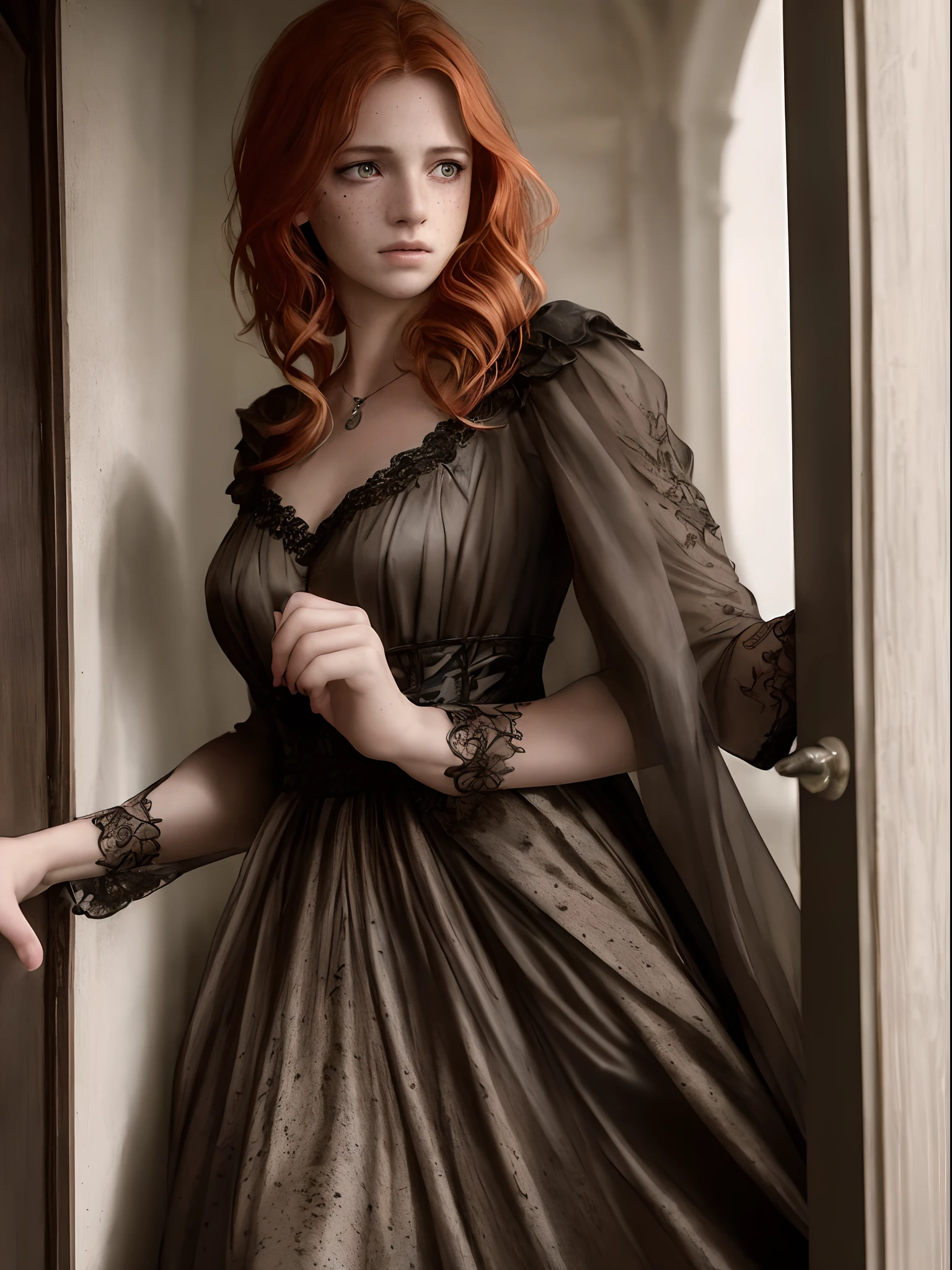 Realistic, photorealistic, RAW photo, ultra detailed, cinematic lighting, depth of field, (Darkness: 1.2), the night is dark and full of sorrow, cute woman, standing in doorway, she leaves but turns around to say goodbye, most detailed cute face, sexy look, short ginger hair, freckles, short black skirt, spot lighting, deep shadow, low key, low angle, masterpiece, Cinematic composition, aesthetic of dramatic movie picture, Centered image.